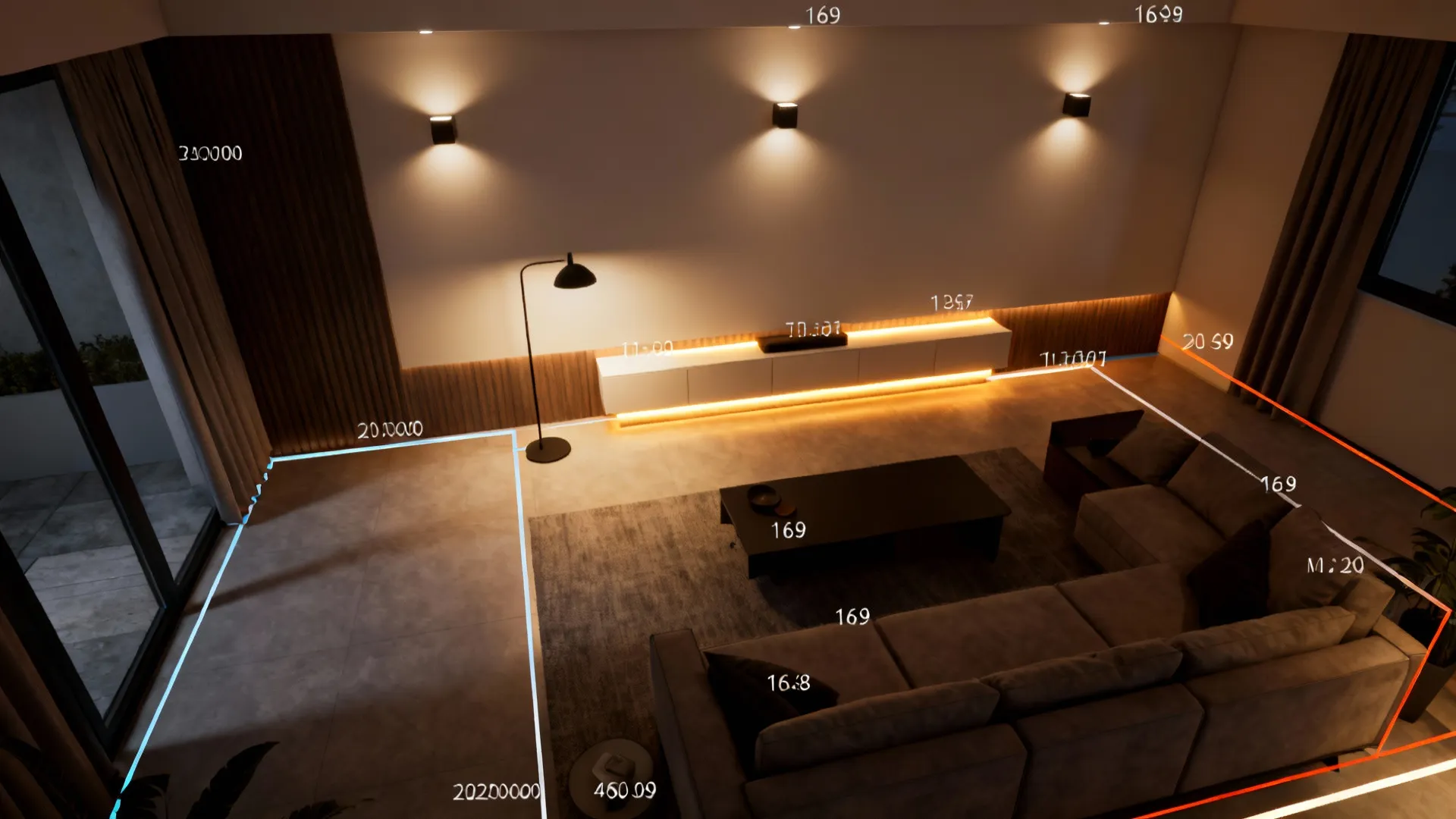 Top-down lighting plan of a small living room showing ambient, task, and accent zones with dimmers.