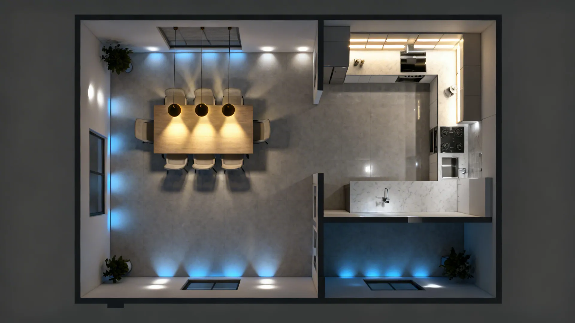 Top down view of a kitchen and dining room layout showing warm and blue lighting