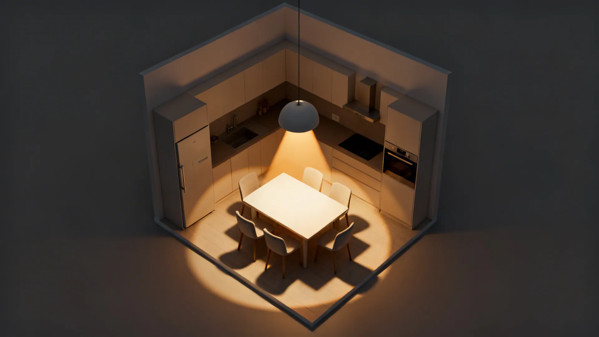 Top-down plan view showing pendant-lit dining zone for six and clear circulation.