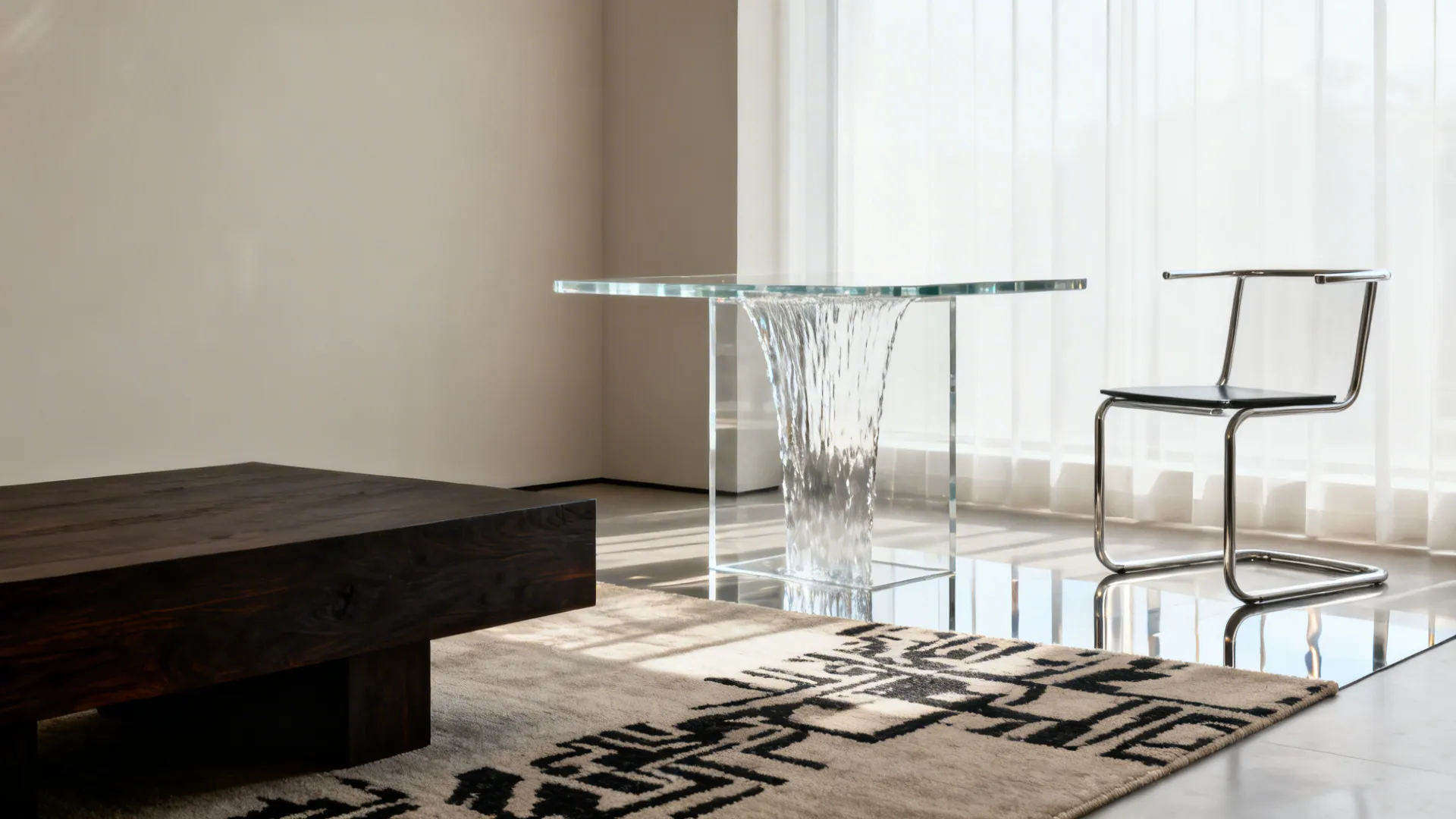 Before-and-after corner swap from bulky wood table to acrylic waterfall piece showing brighter, lighter feel.