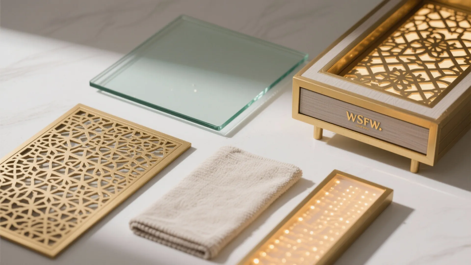 Glass-back splash and perforated brass doors for lightness