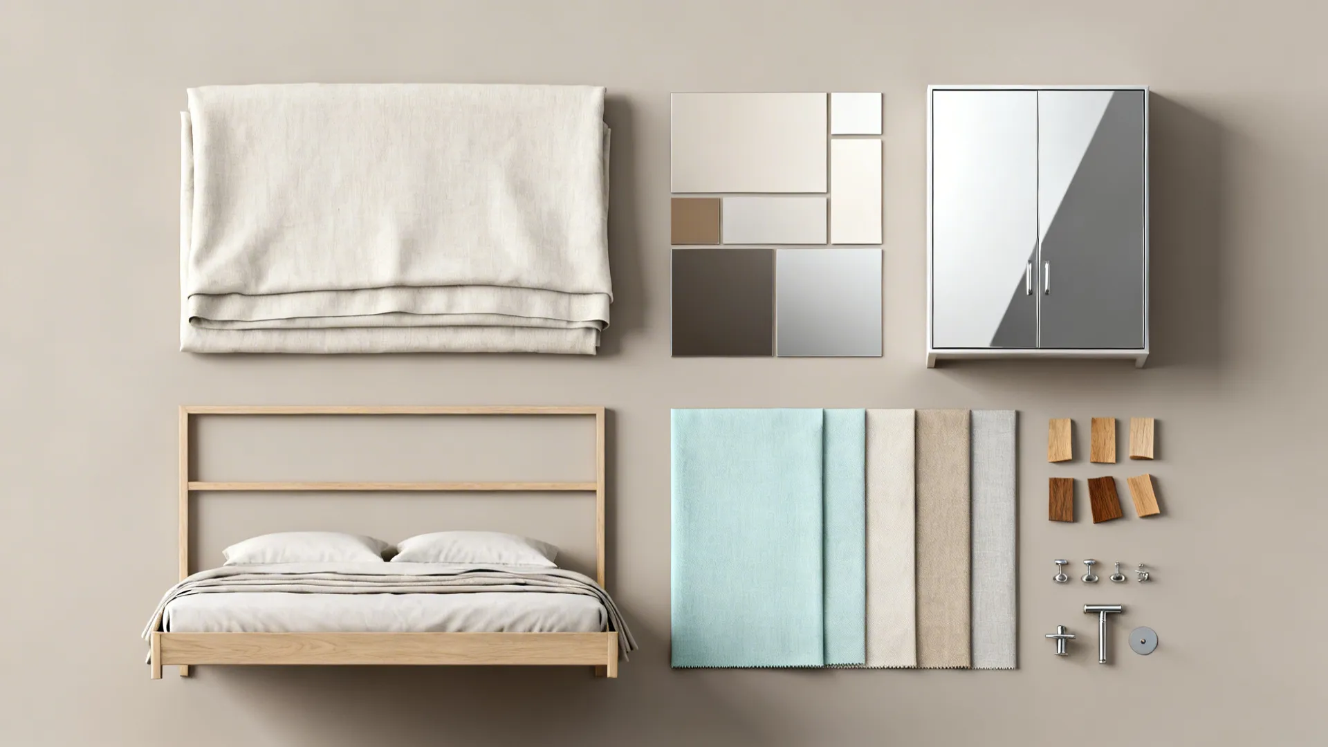 Material flatlay of light linens, low-profile frame and mirrored finish samples for a small bedroom.