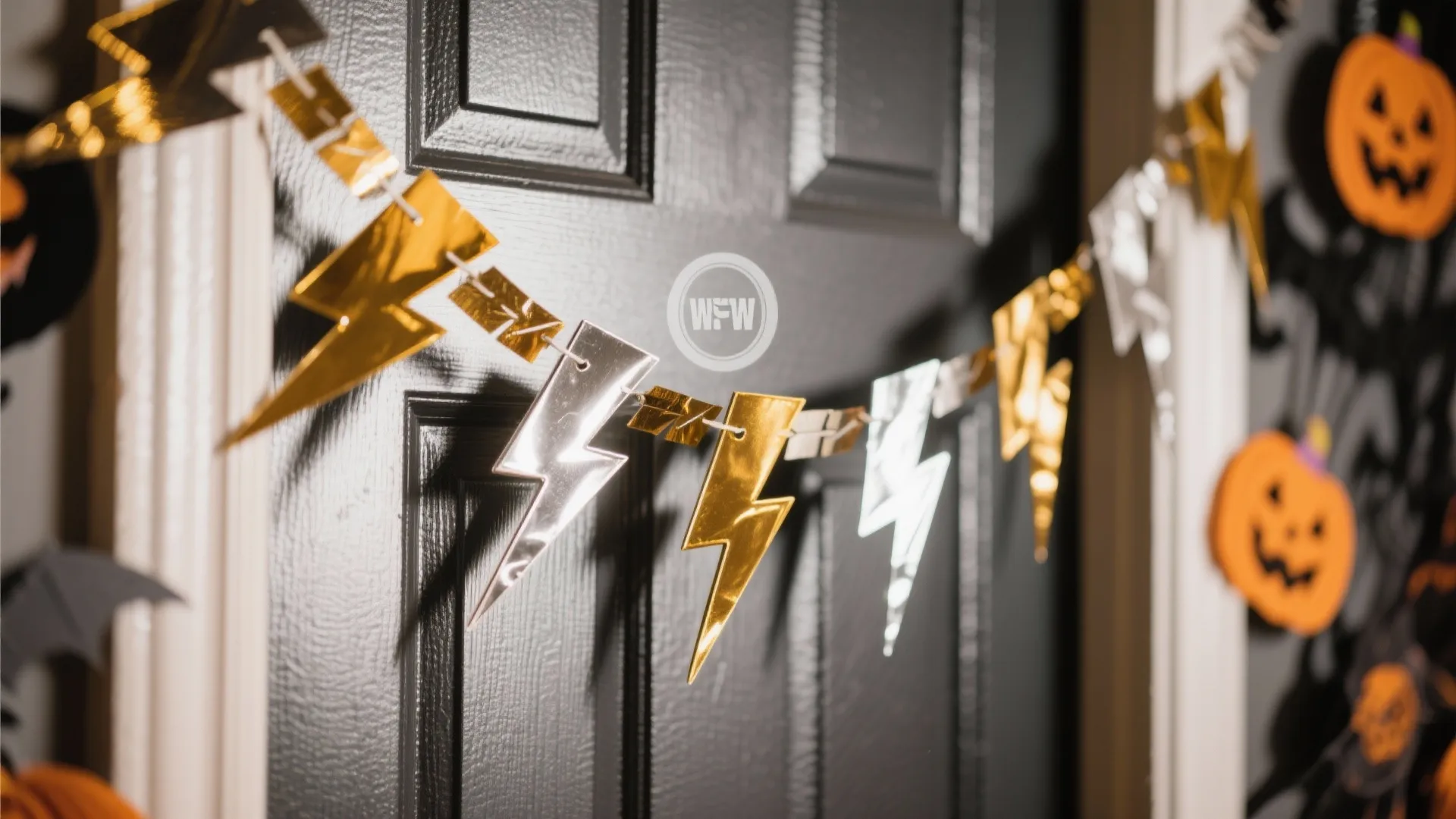 Shiny gold and silver lightning bolt garland hanging on a dark door for Halloween decoration