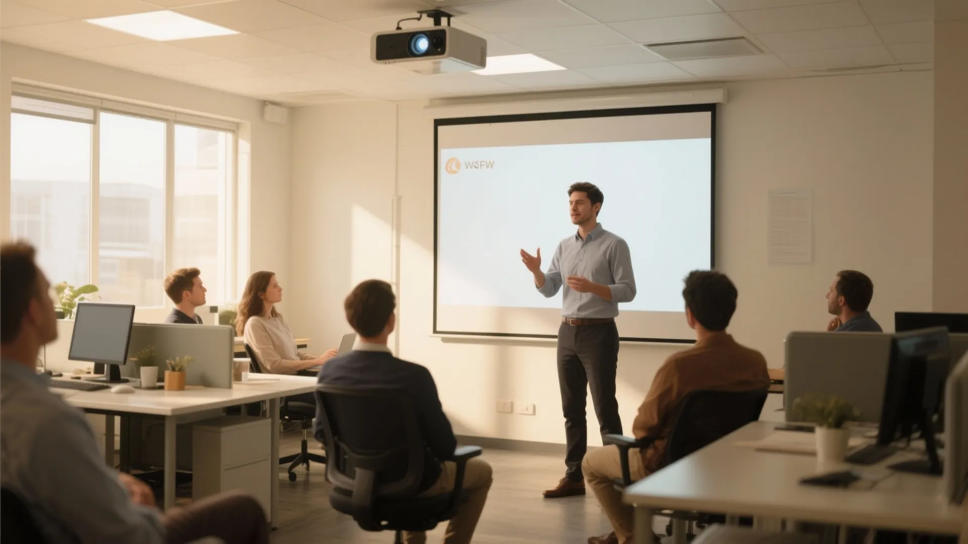 Man giving a presentation using a projector screen in a modern office to several coworkers