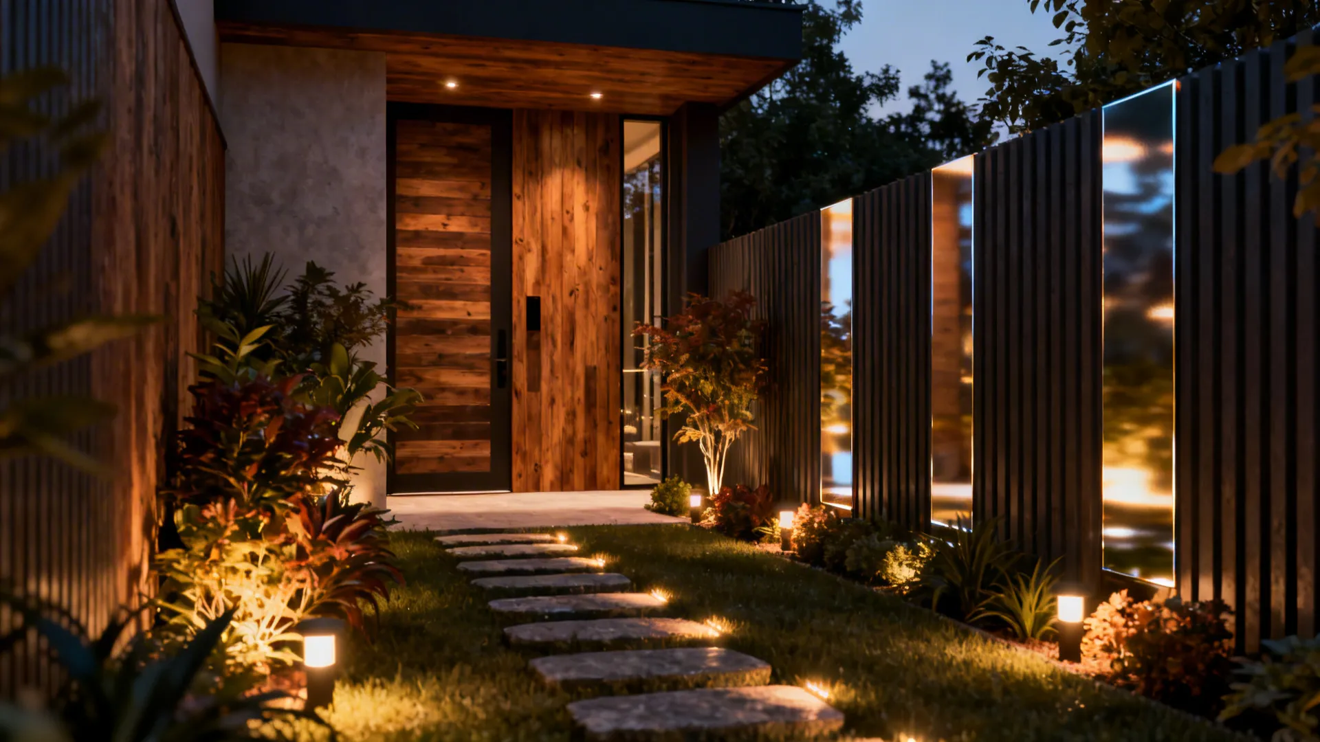 Narrow front yard at dusk with warm uplights and a reflective fence panel widening perception.