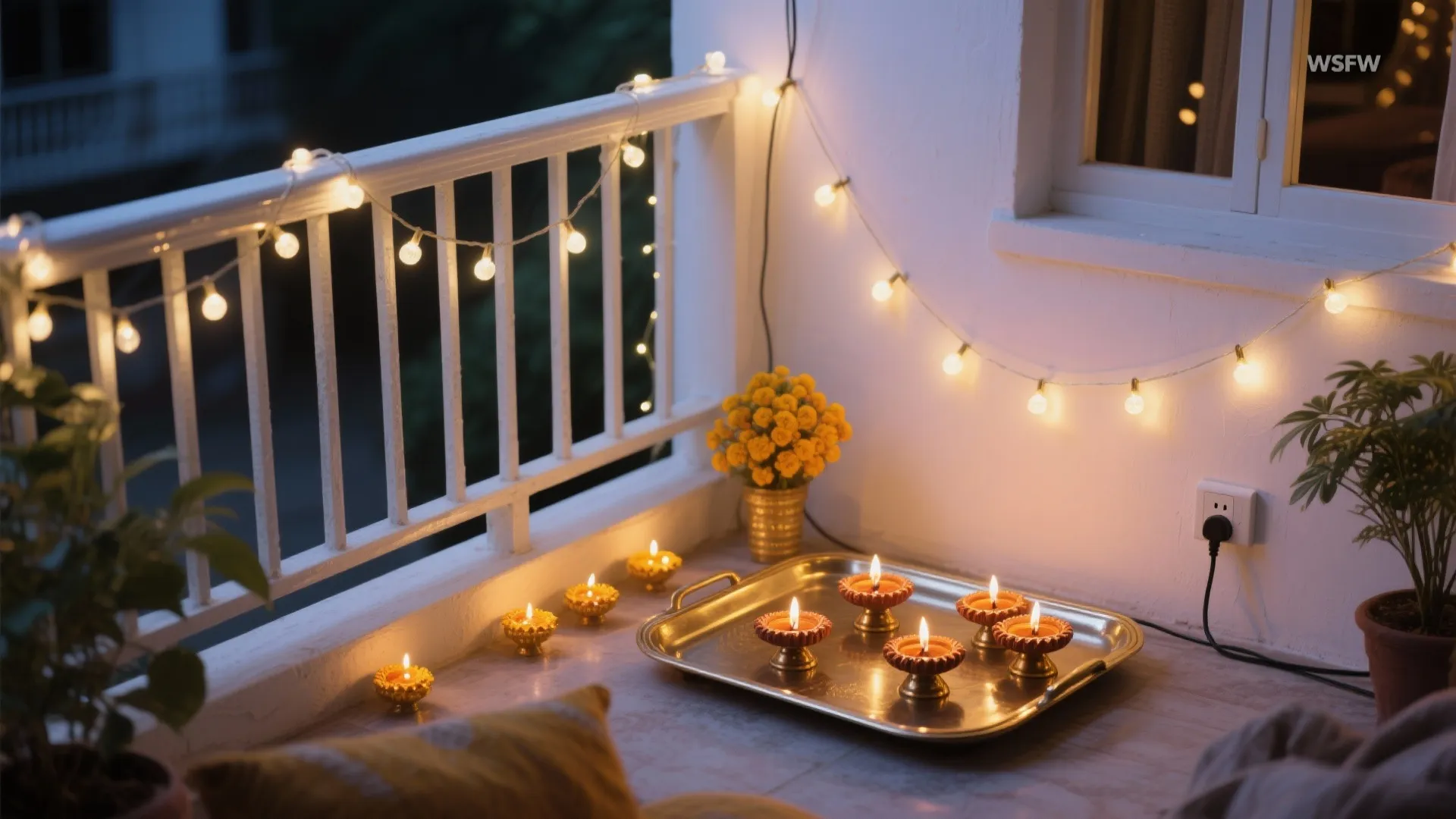 Small candles on golden tray on balcony floor with white railing and hanging string lights