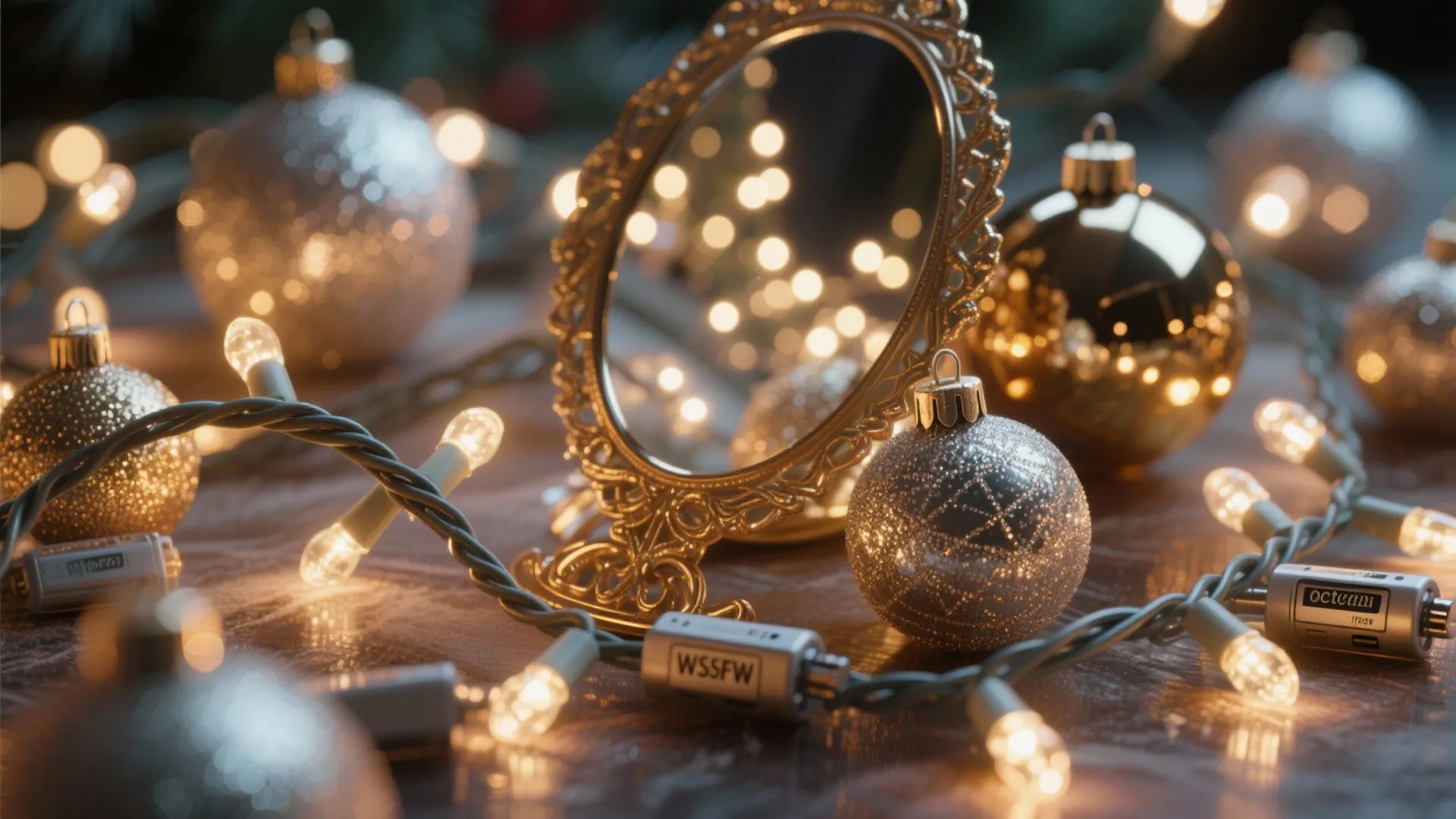 Gold framed mirror reflecting warm glow surrounded by silver gold ornaments and bright string lights