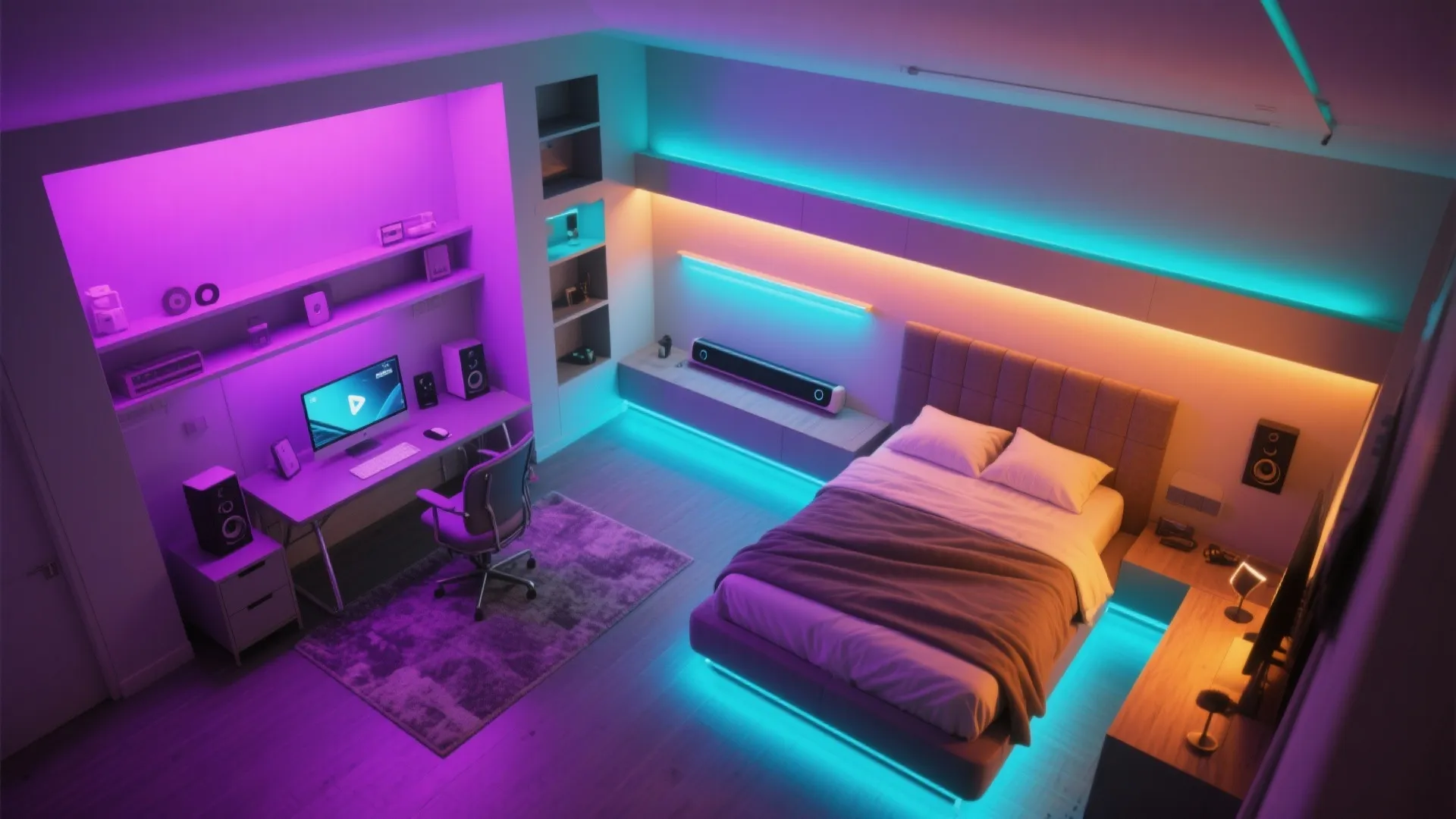 Modern bedroom with colorful neon lighting strips and a computer desk for gaming and work