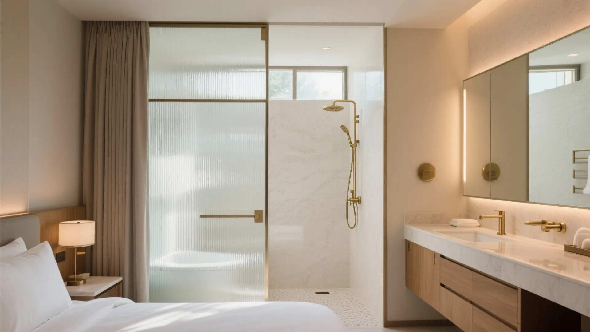 Modern bedroom view into bathroom with glass shower door marble walls and gold colored water faucets