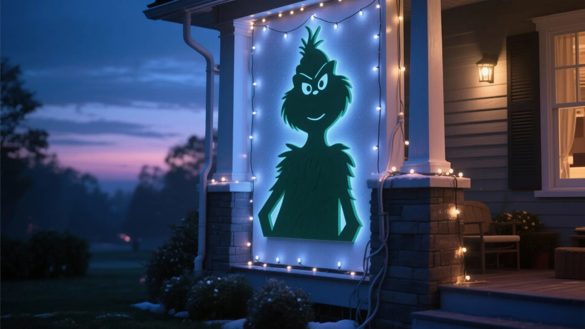 Outdoor porch wall featuring lighted green character silhouette decoration with string lights during the evening