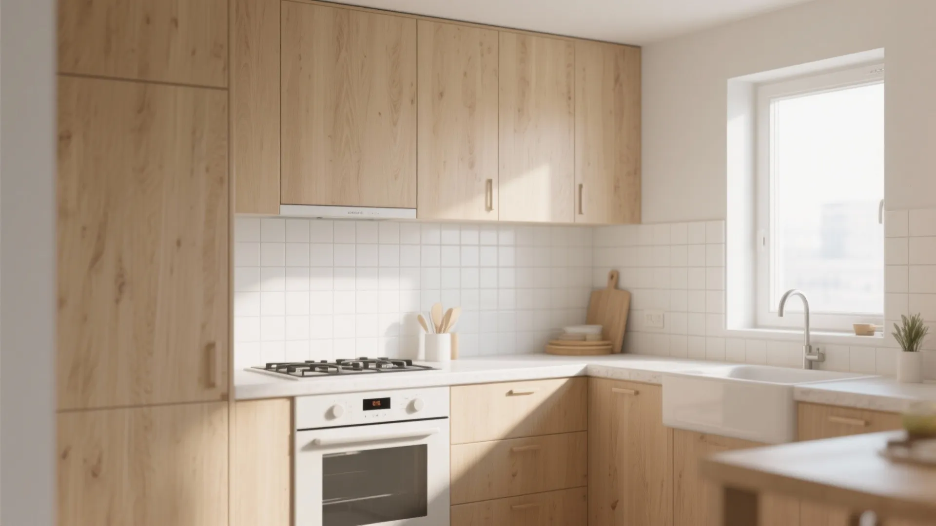 Modern kitchen with light oak wood cabinets white tile backsplash white oven and farmhouse sink