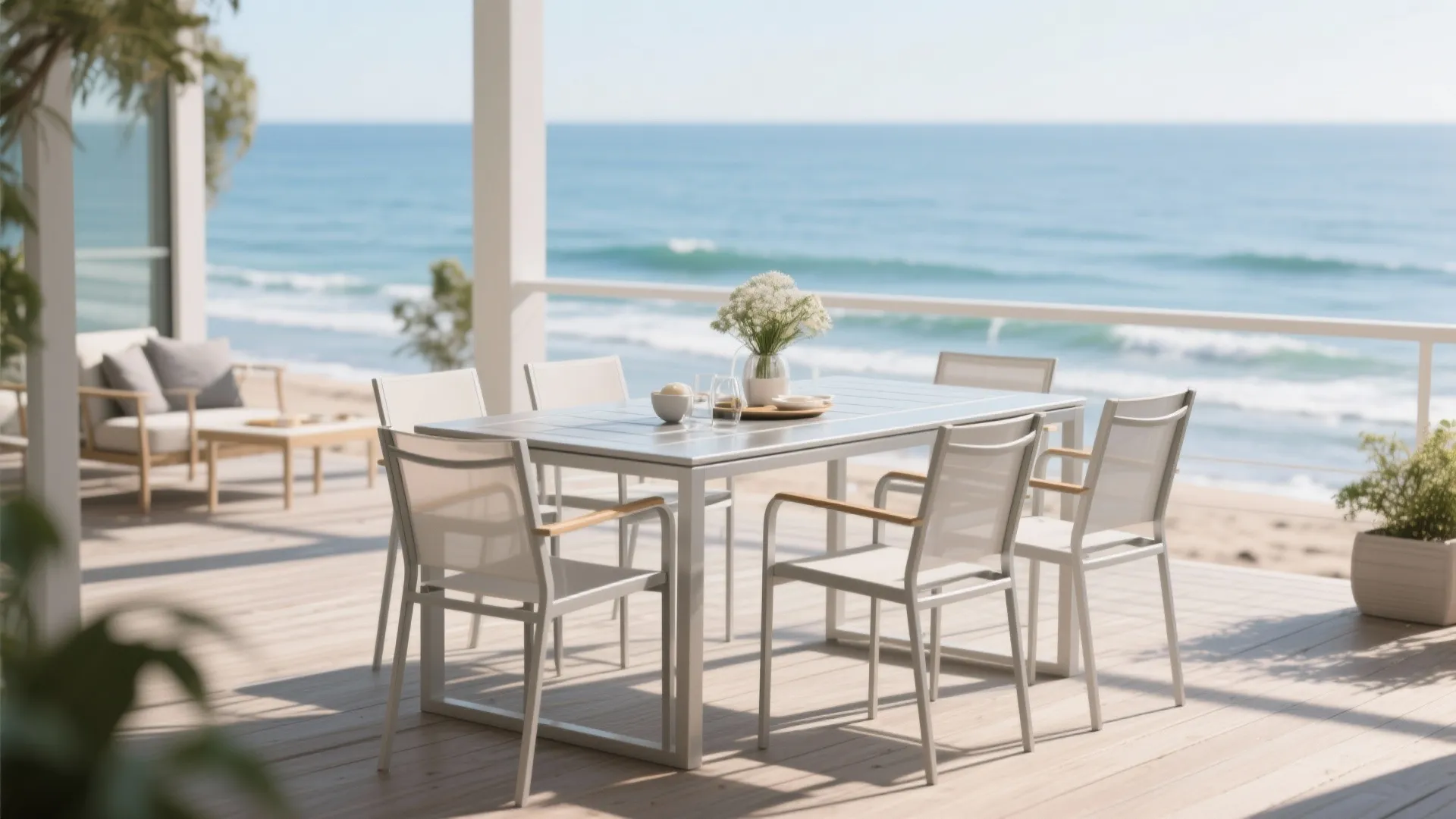 White metal dining table and chairs on wooden deck overlooking the blue ocean and beach