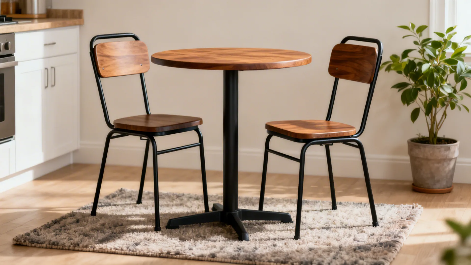 Lightweight metal-framed bistro set with a wood-look top in a small kitchen.