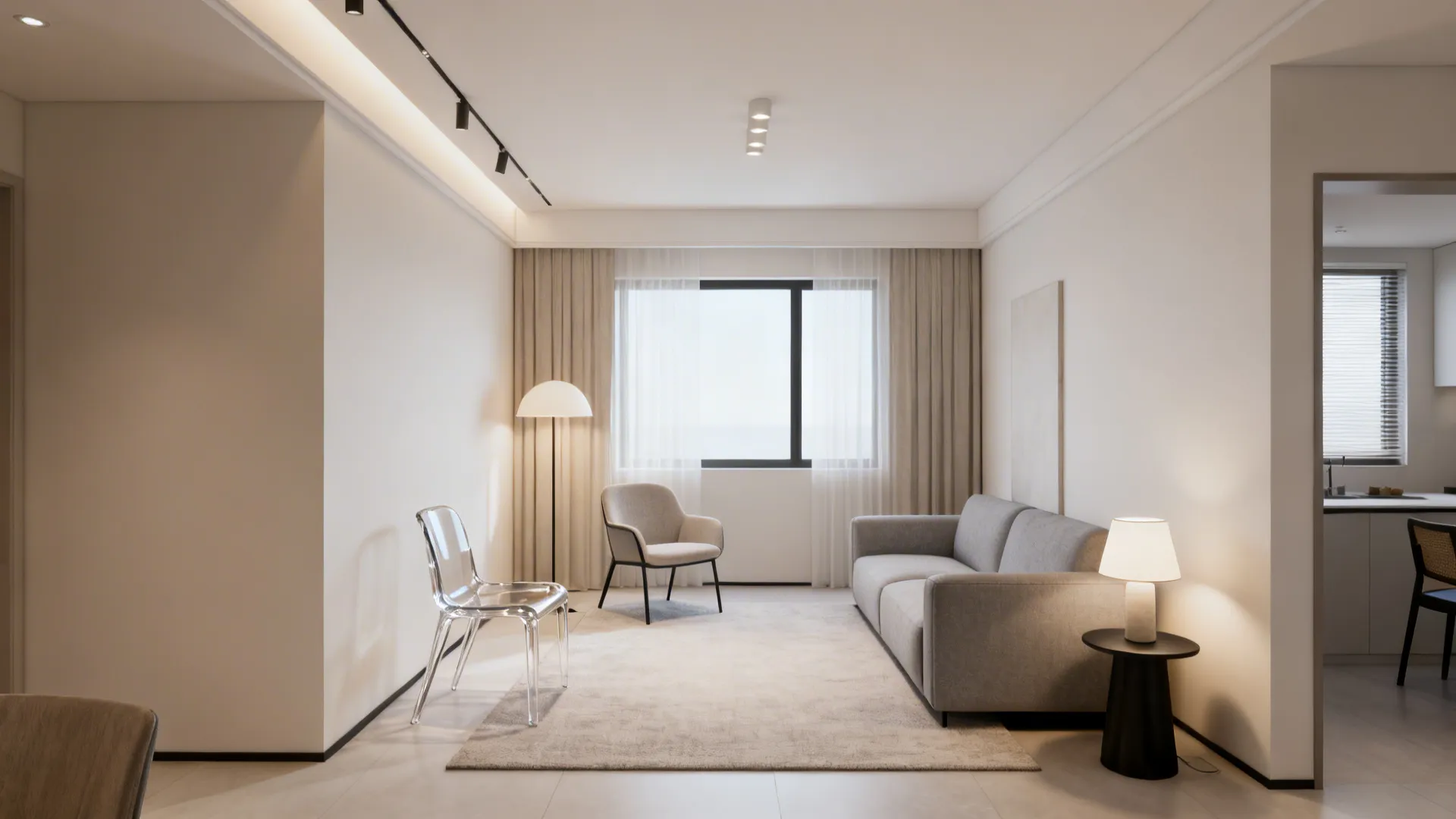 Small living room with lightweight chairs and clear sightlines creating an airy feel.