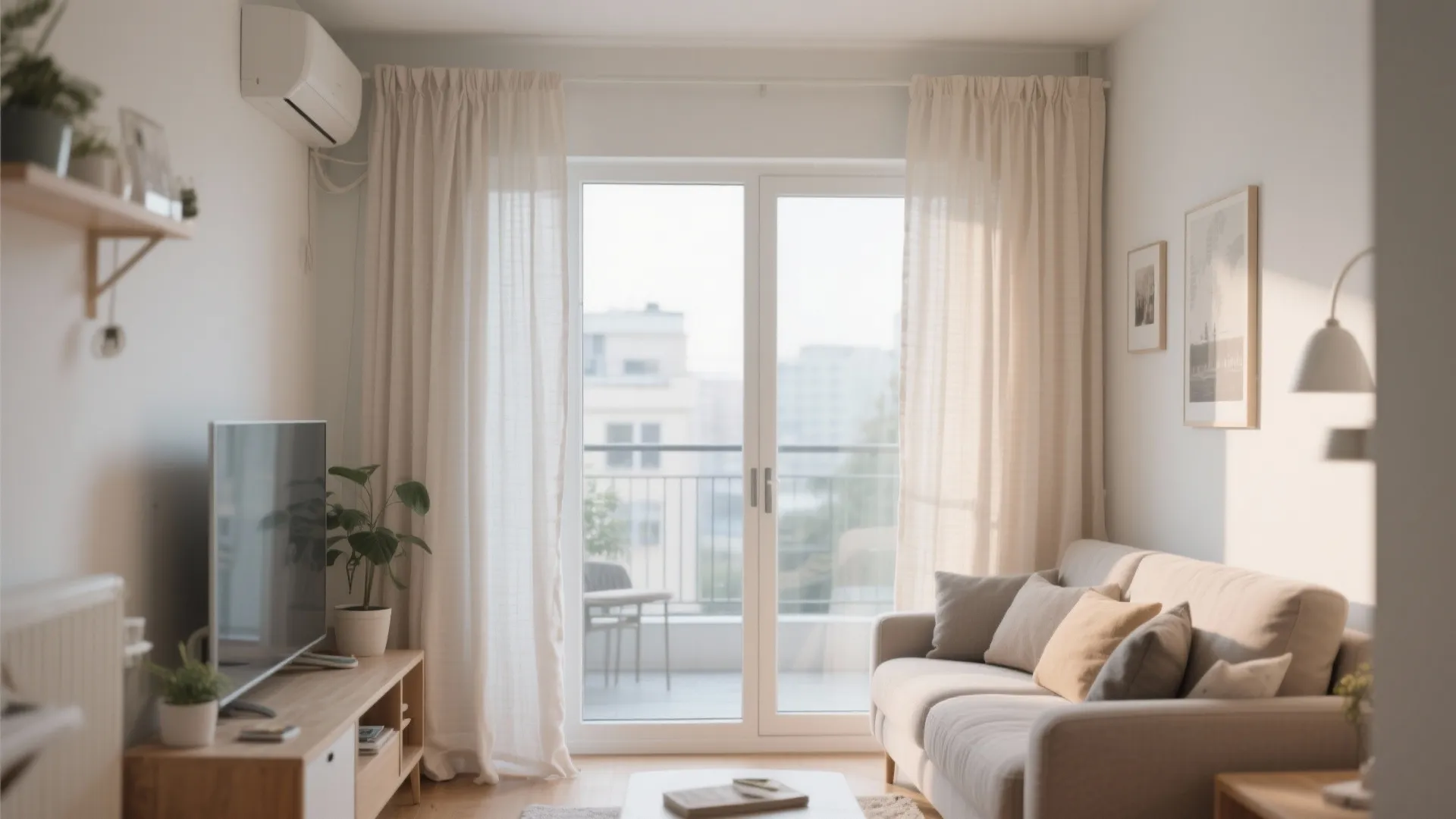 Small cozy living room with light beige curtains over glass doors and grey sofa furniture