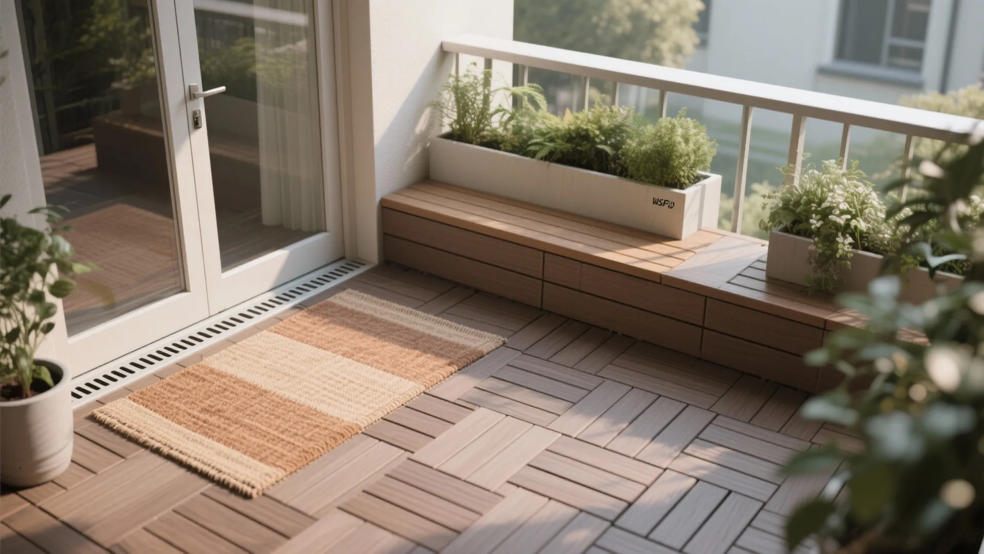 Composite decking tiles and a drain-friendly rug on a compact balcony with clear door clearance.