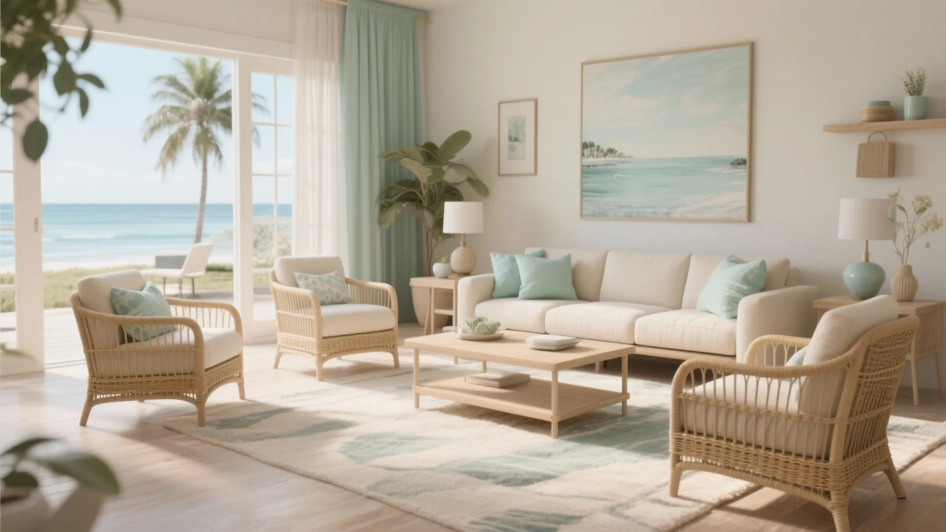 Bright coastal living room with rattan chairs white sofa wooden table and a scenic ocean view