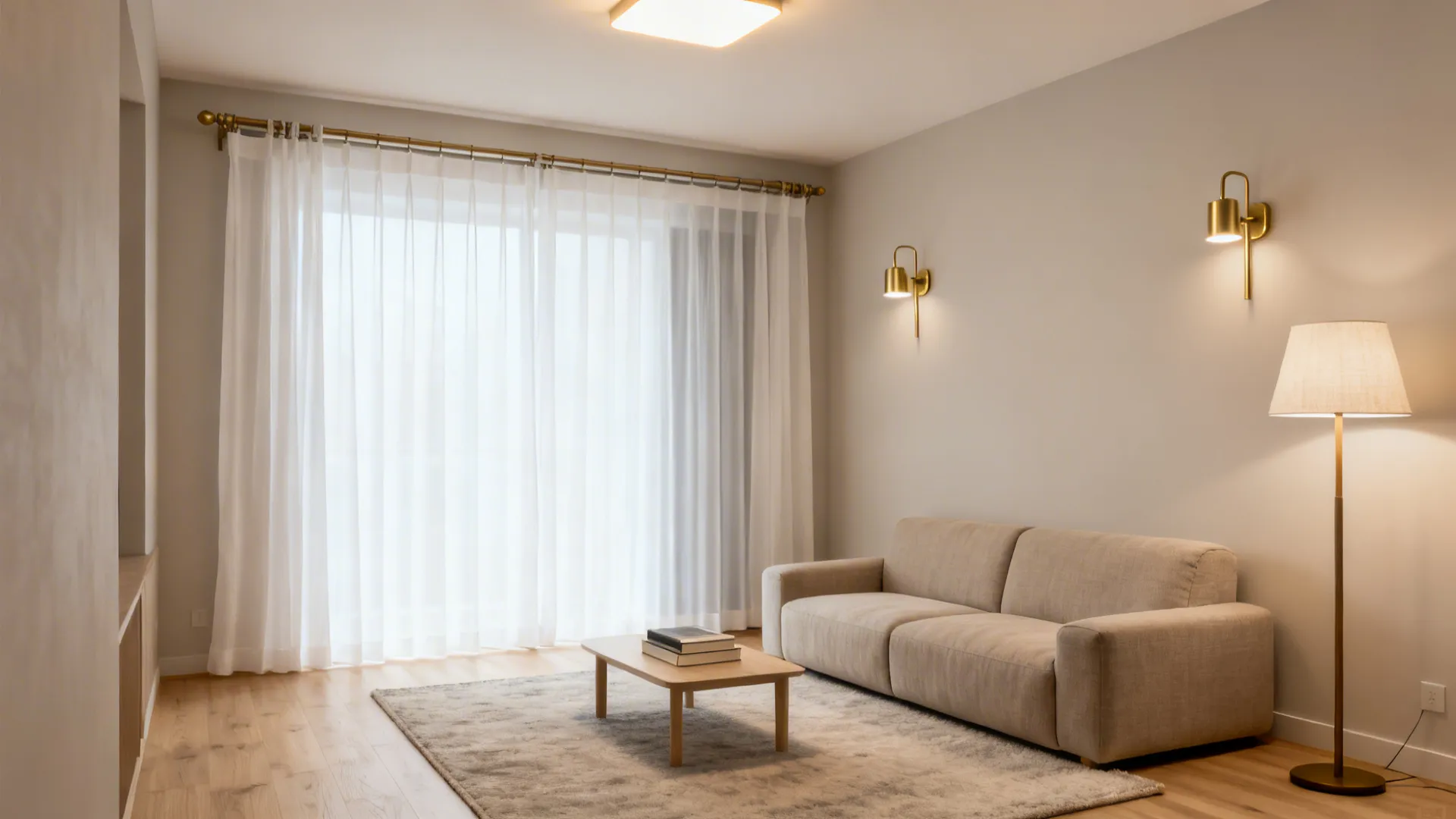 Small living room with sheer drapery, warm layered lighting, and a compact sofa creating a calm mood.