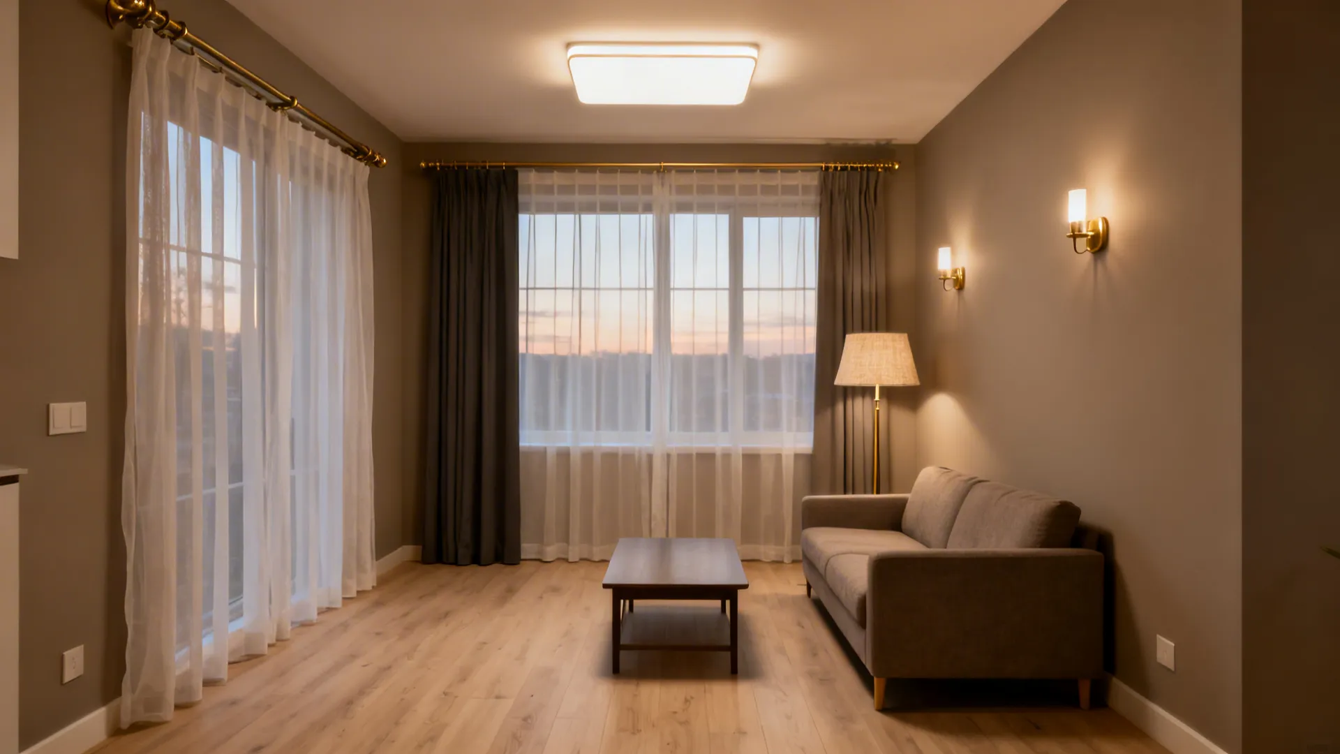 Sheer drapery, sconces, and a floor lamp create layered lighting in a small living room.