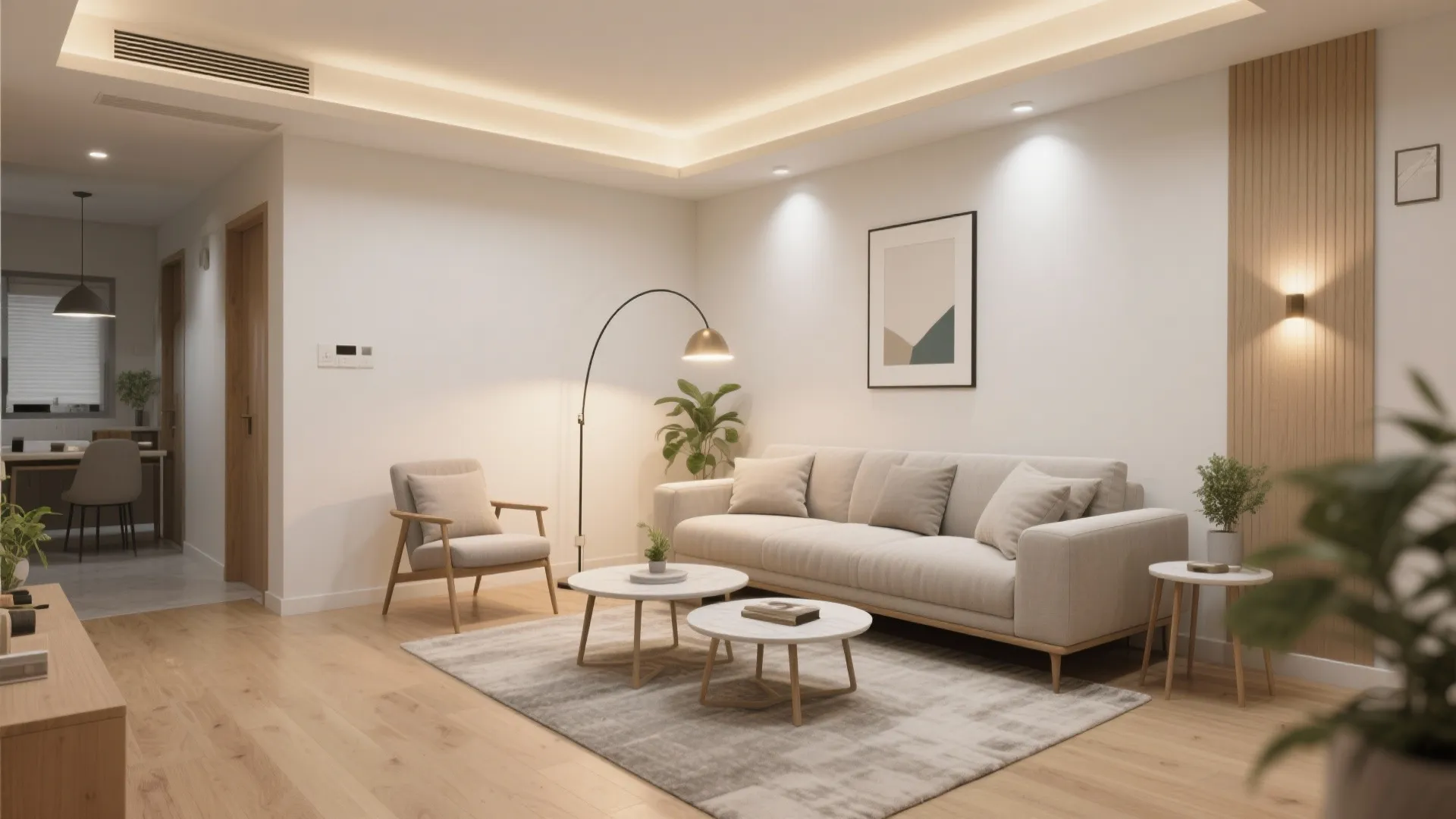 Lightweight living room with layered lighting
