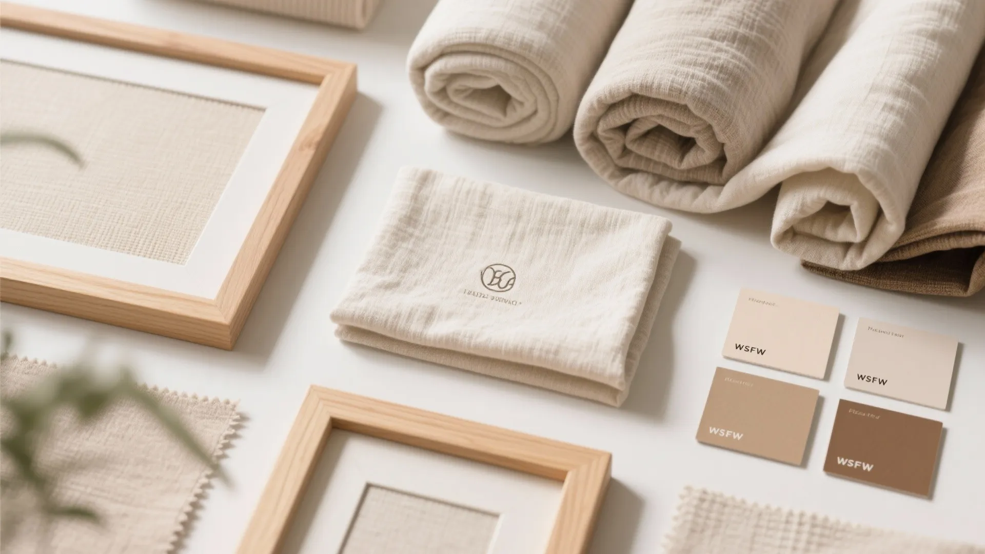 Flatlay of light linen and birch swatches for airy living room design