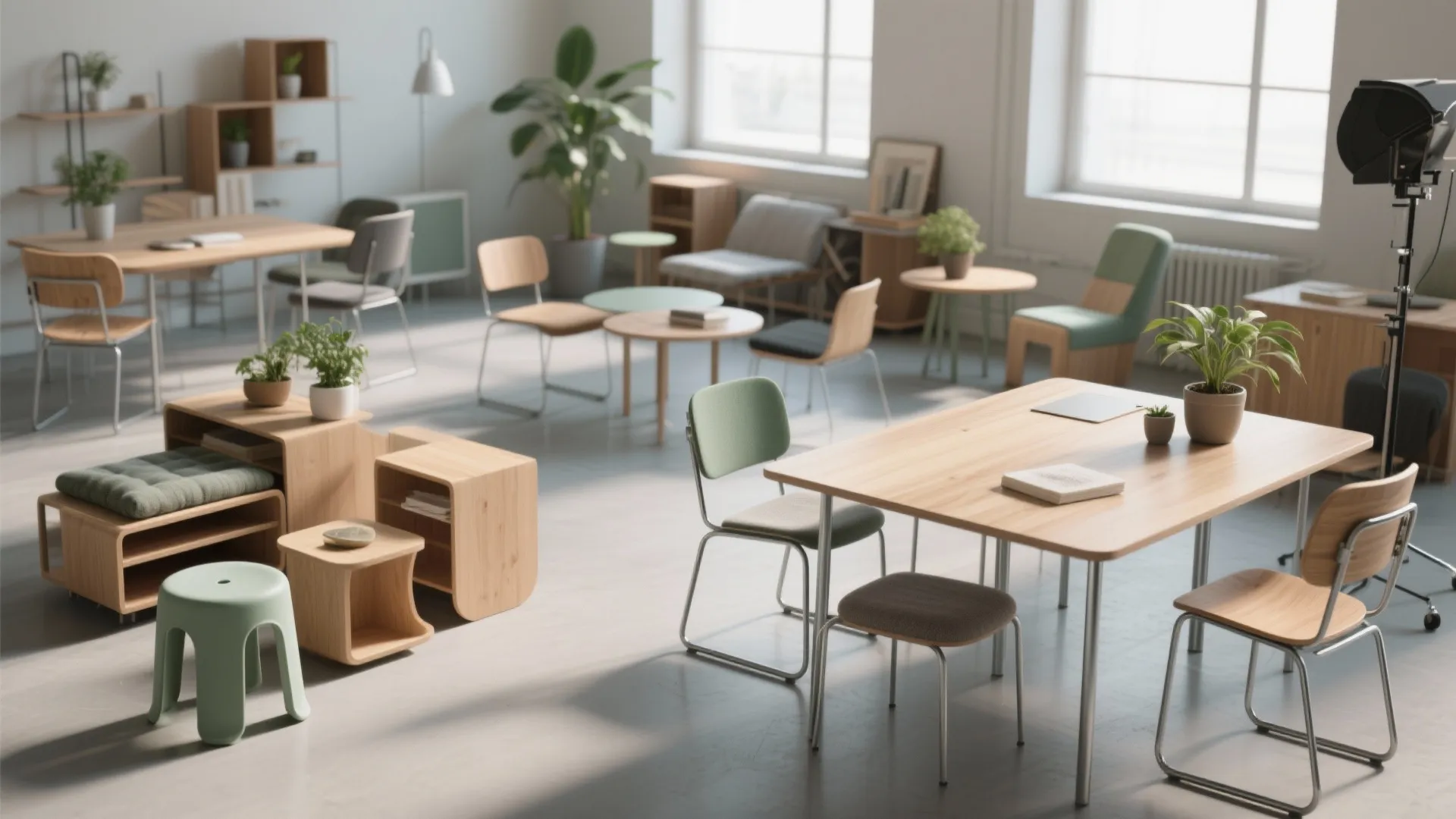 Bright open showroom with wooden tables chairs green stools indoor plants and natural window light