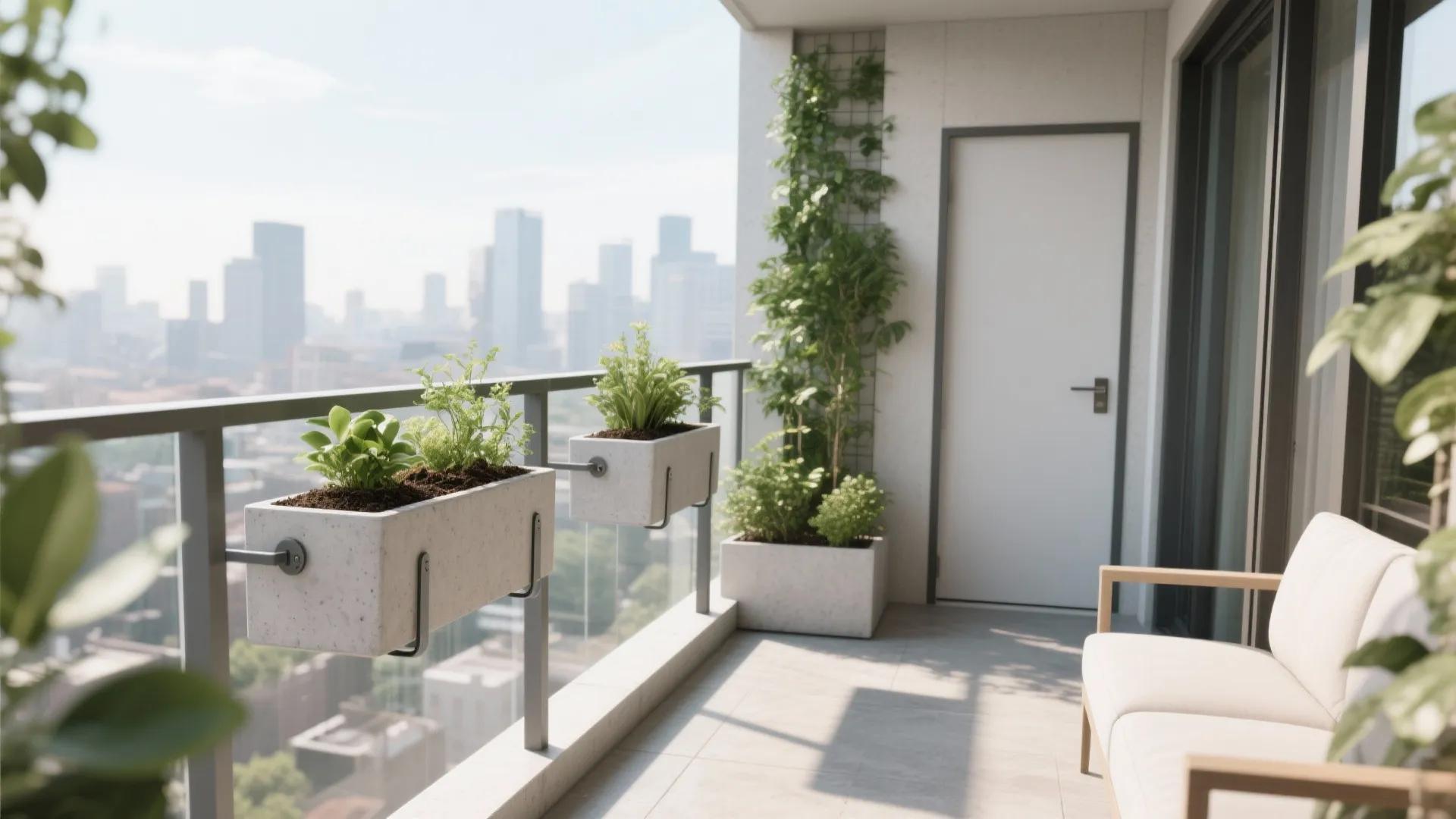 Modern balcony railing with hanging concrete planters, white outdoor sofa, and clear city skyline view