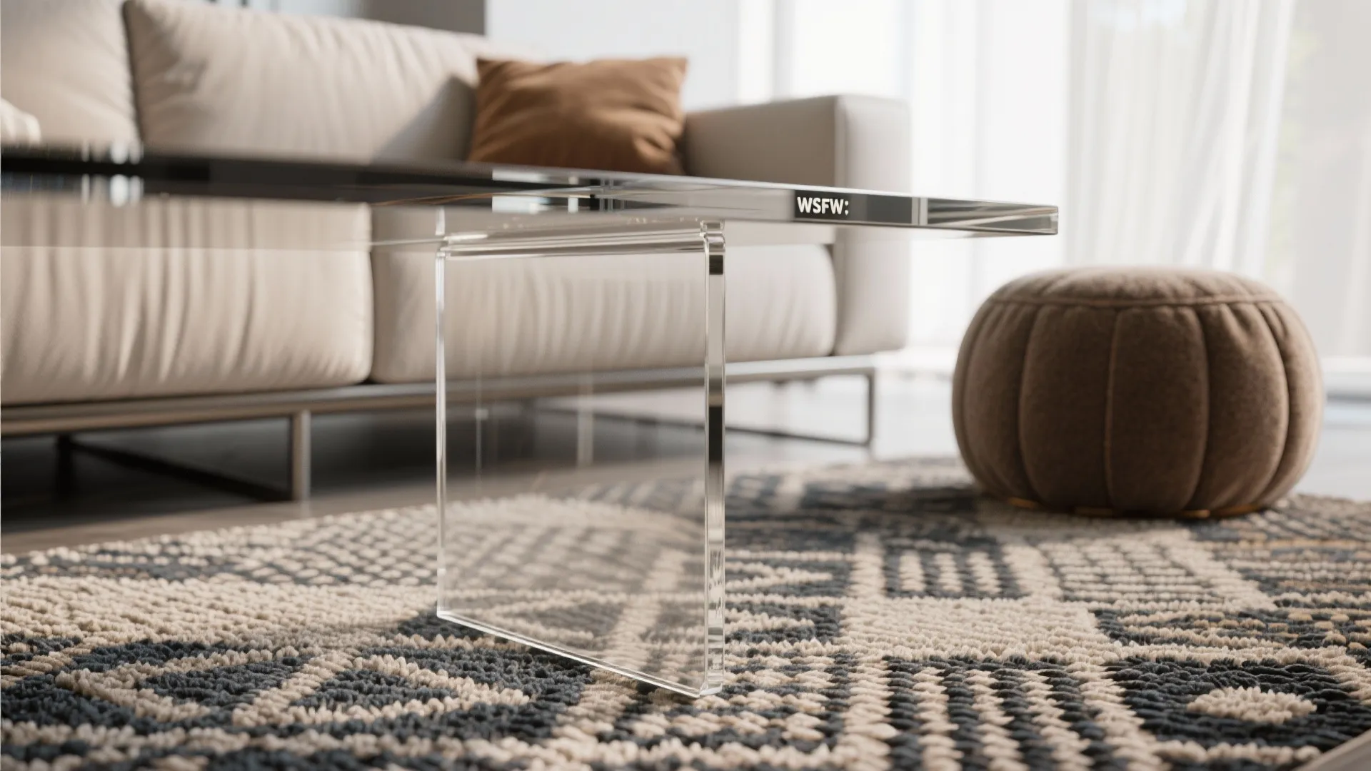 Modern transparent coffee table placed on patterned area rug with sofa and footrest in background