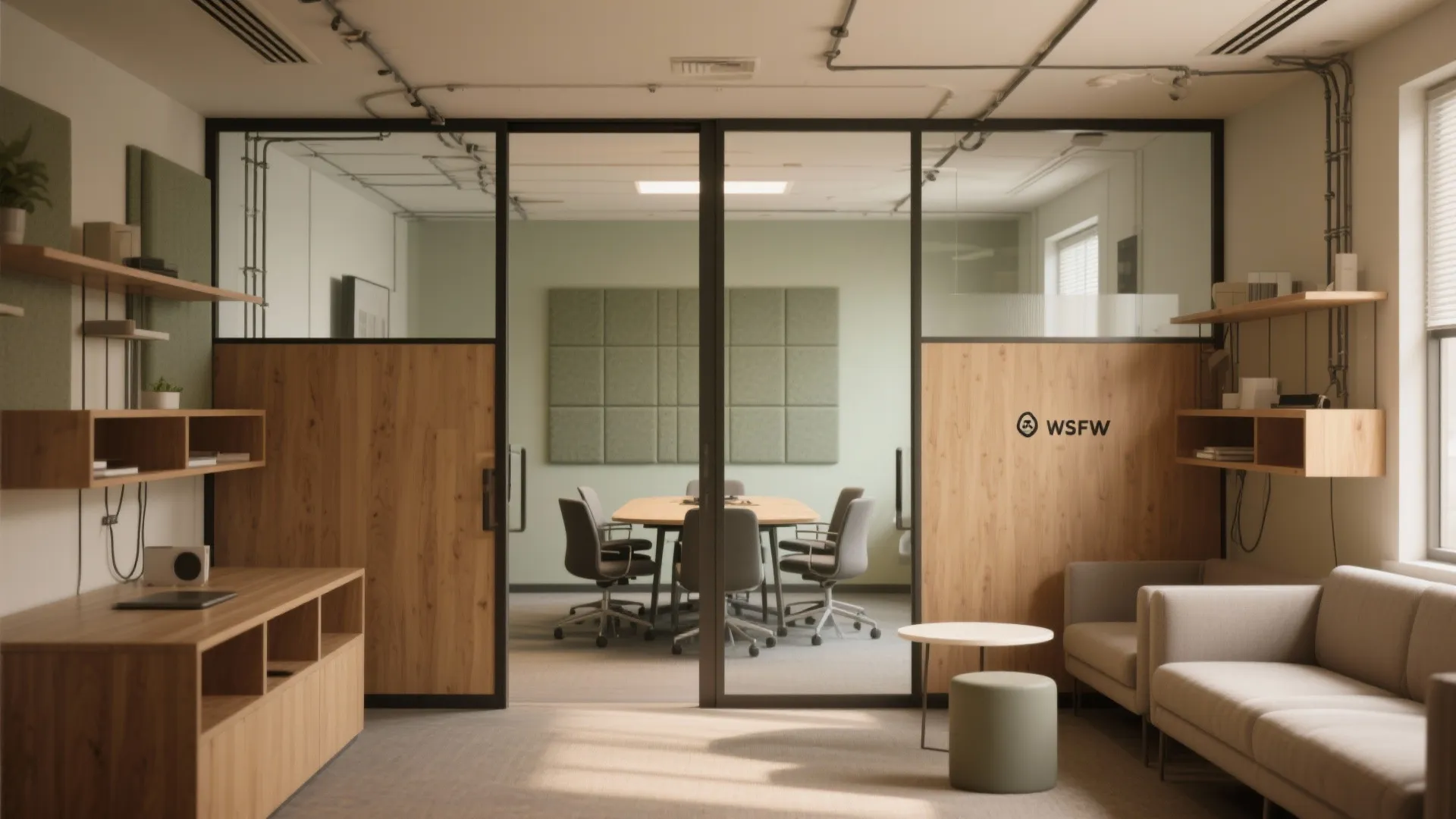 Small office with slim moveable screens and low shelving defining meeting, focus and lounge zones under soft daylight.