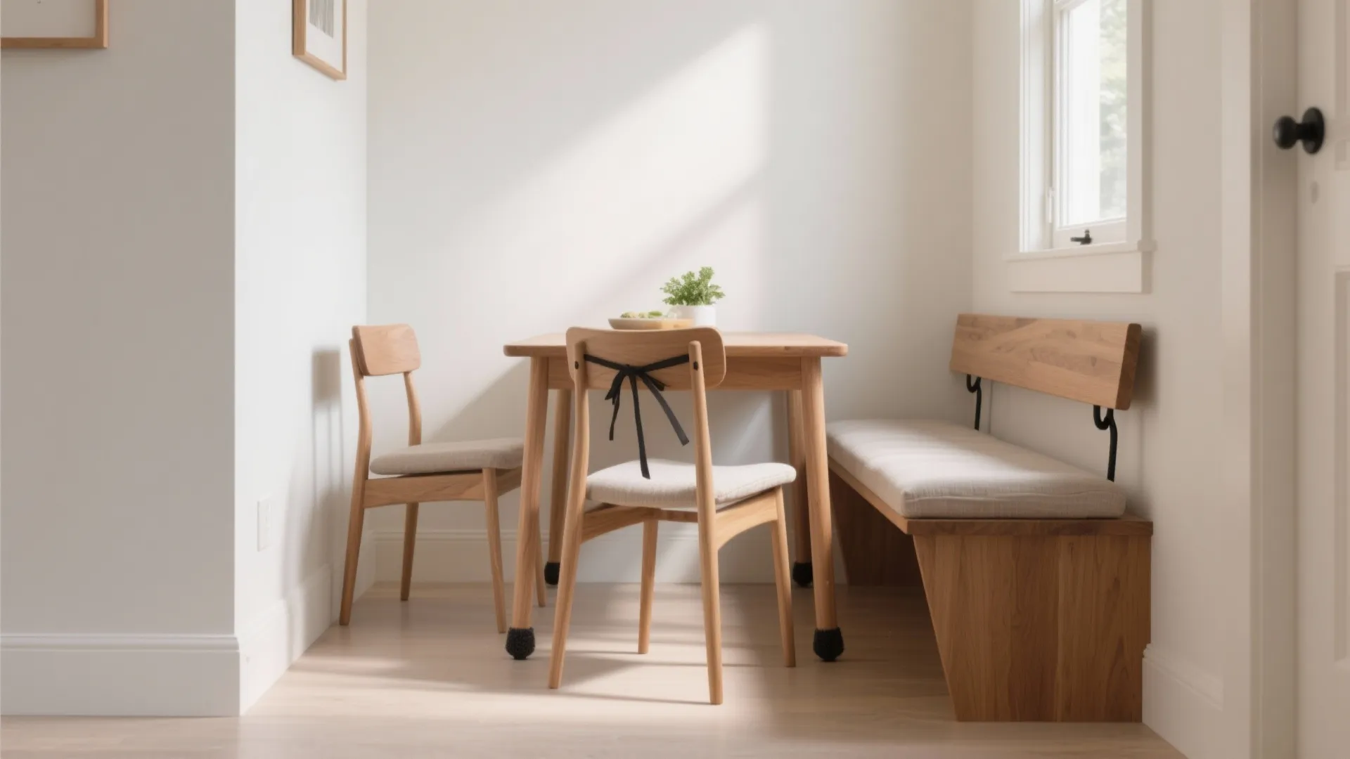 Minimalist small dining space with wooden table, two chairs, and built-in bench under a window