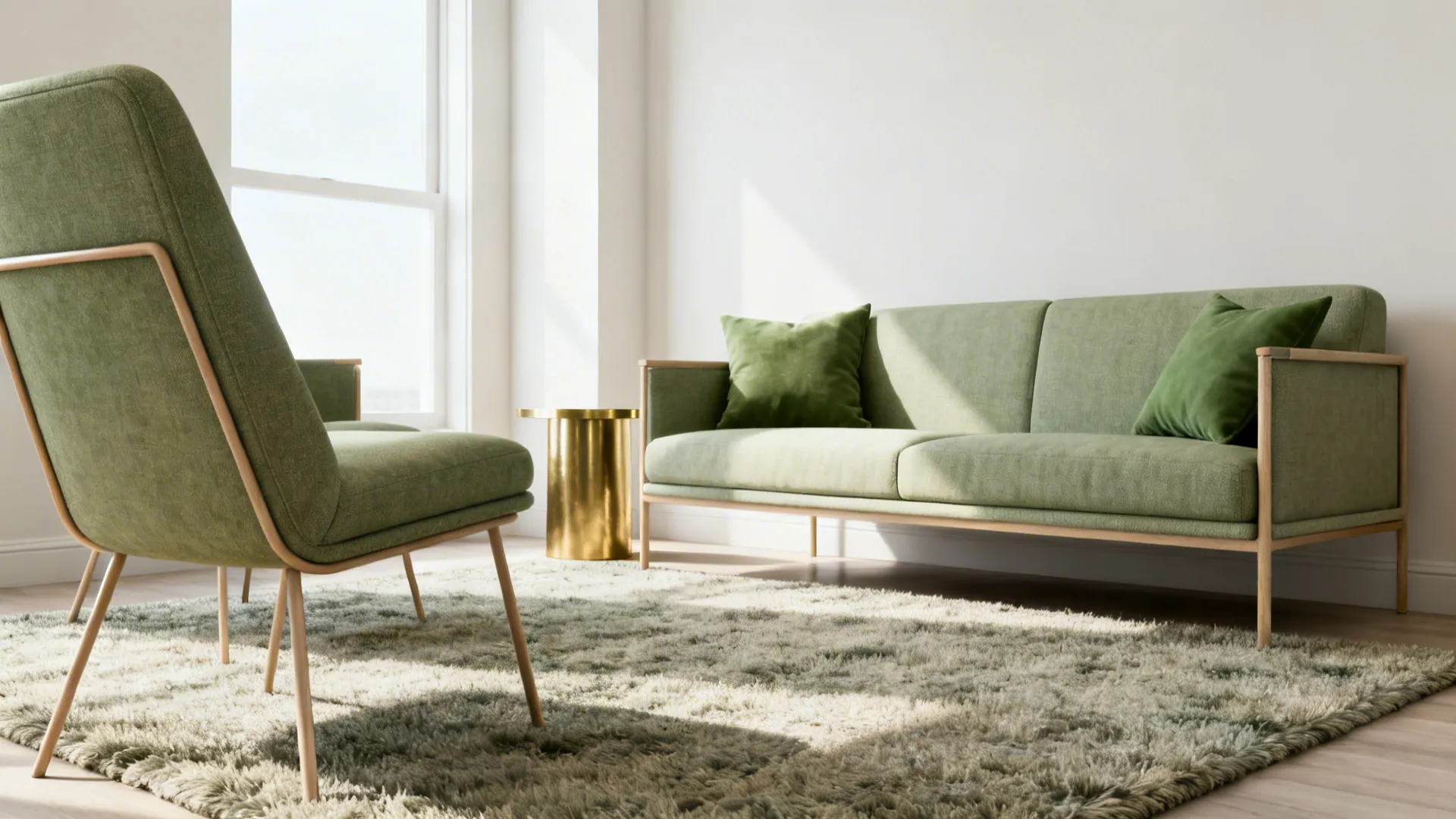Low-profile seating with exposed legs paired with a wool rug and brass side table in a small living room.