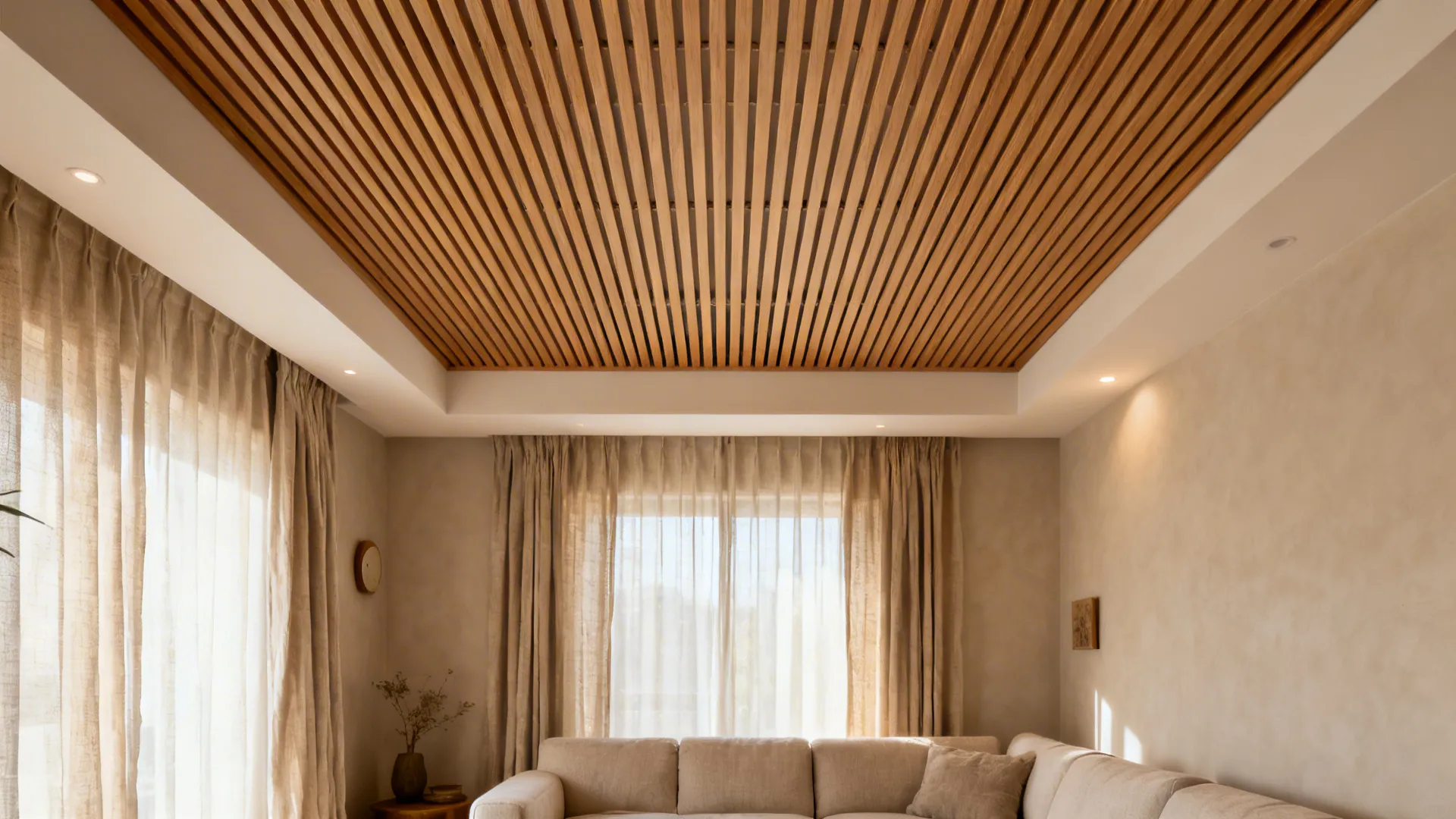 Lightweight slatted ceiling with warm texture and narrow battens stretching a compact room.