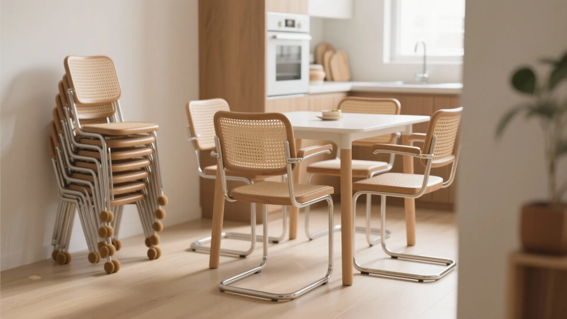 Lightweight, stackable chairs in breathable materials