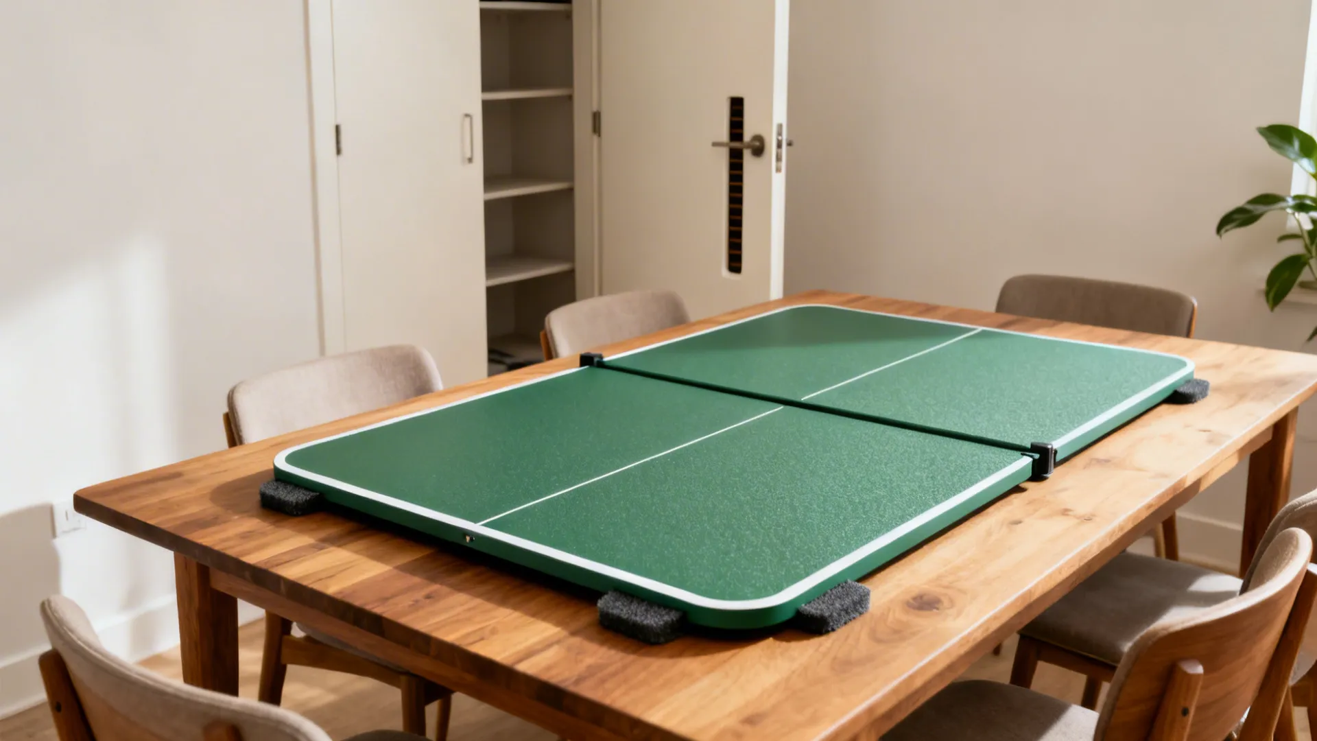 Two-piece lightweight ping pong conversion panels on a wood dining table with felt pads