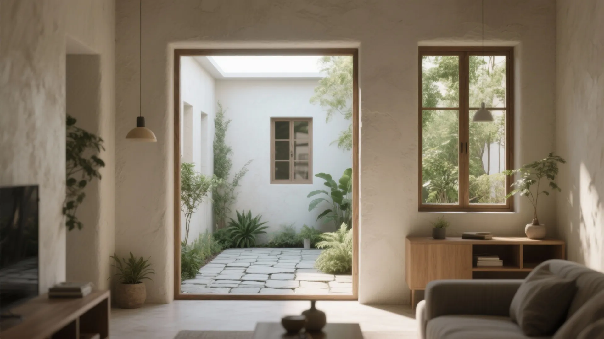 Modern white living room with stone patio courtyard views featuring green plants and natural sunlight