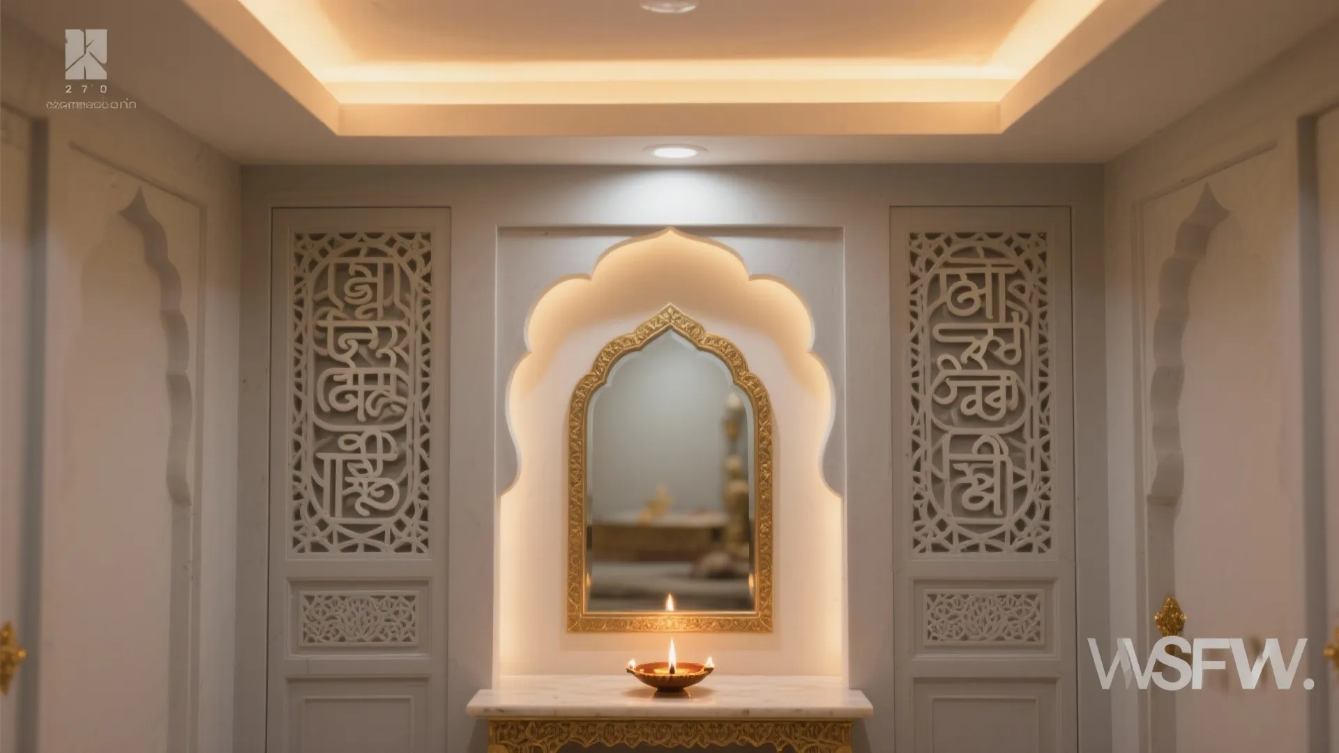 Ornate white wall panel with gold framed mirror and a small candle on a marble shelf