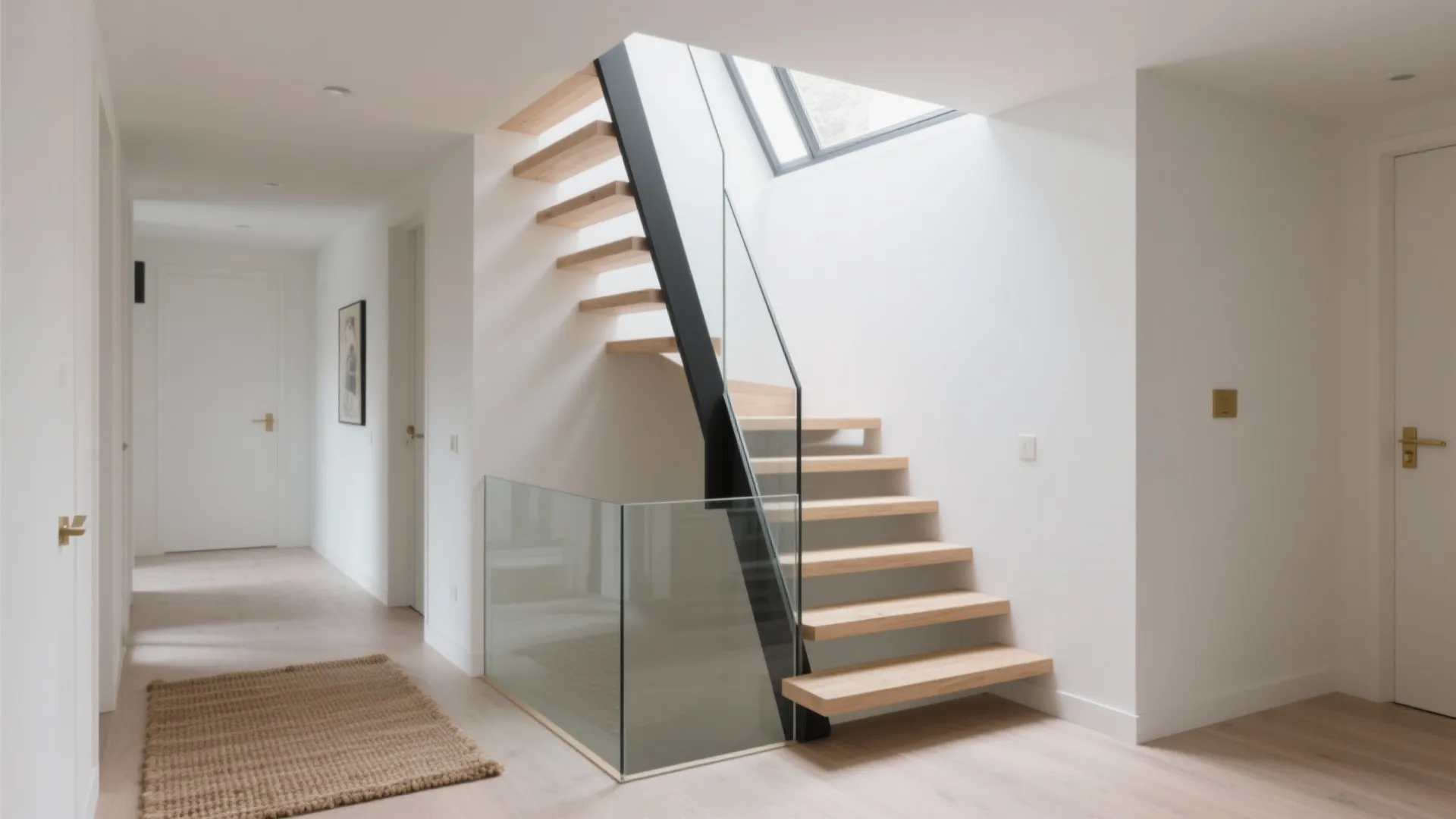 Open-riser staircase with slim steel stringer and glass balustrade forms a light well in a 2 bhk duplex.