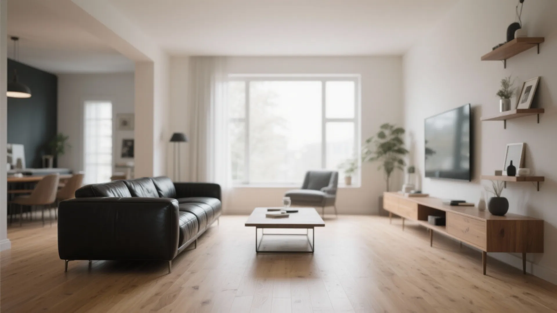 Light wood floors with a dark leather sofa