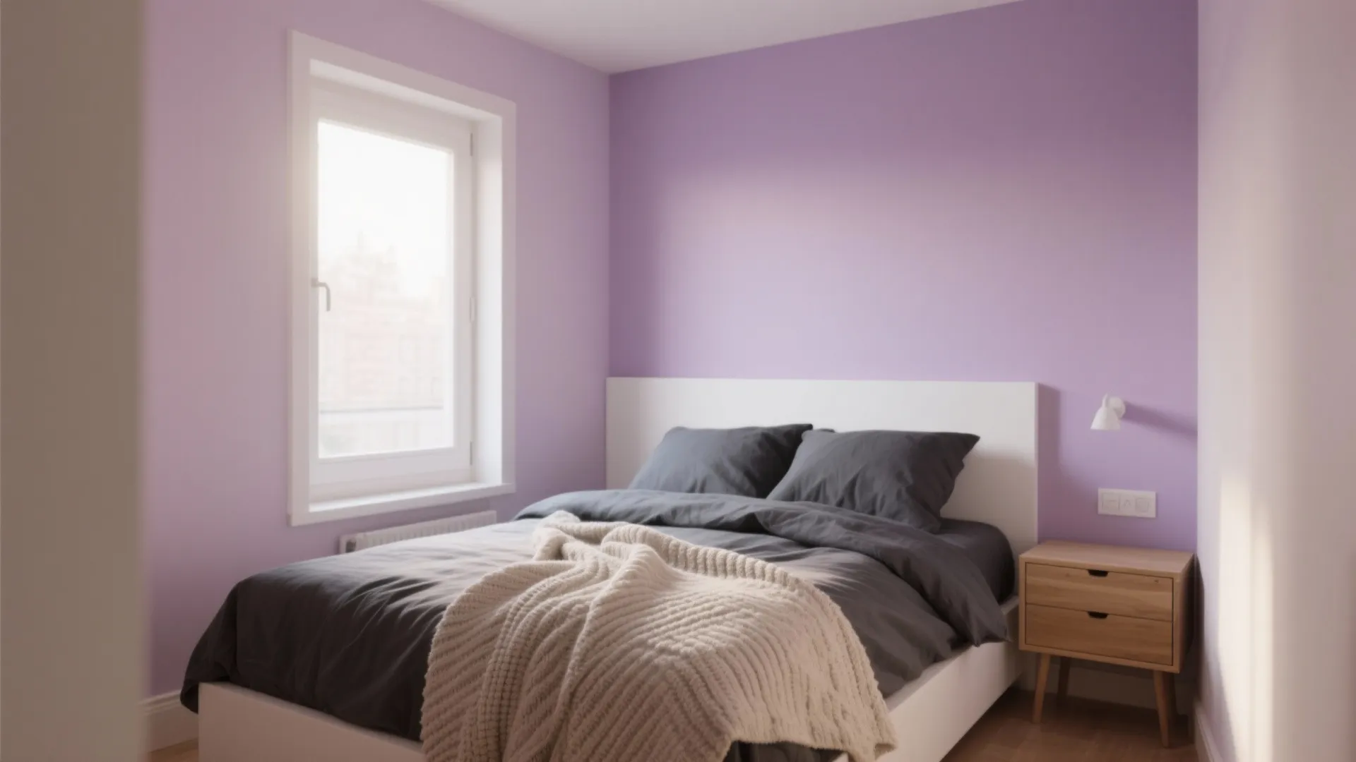 Modern bedroom with purple walls, white bed frame, dark grey bedding, and wooden bedside table