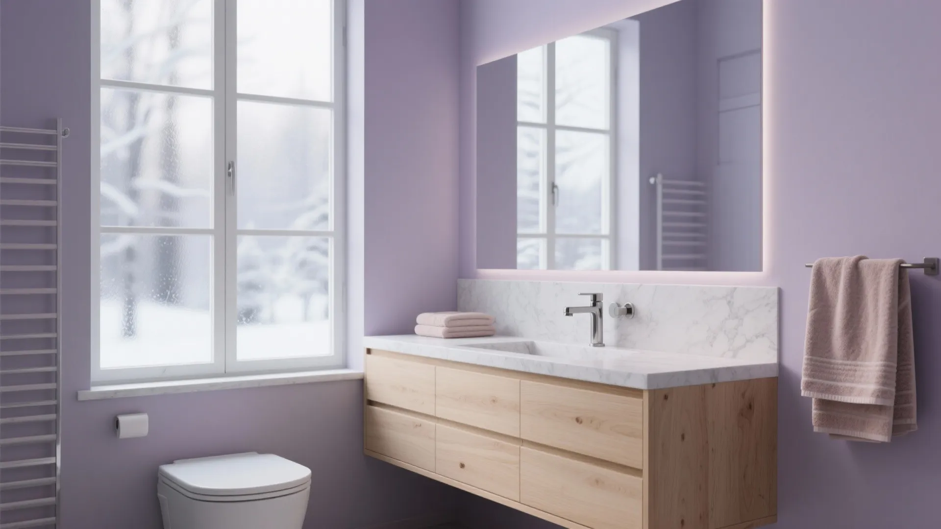 Modern bathroom in lilac-gray with light wood vanity and warm towels balancing cool winter light.