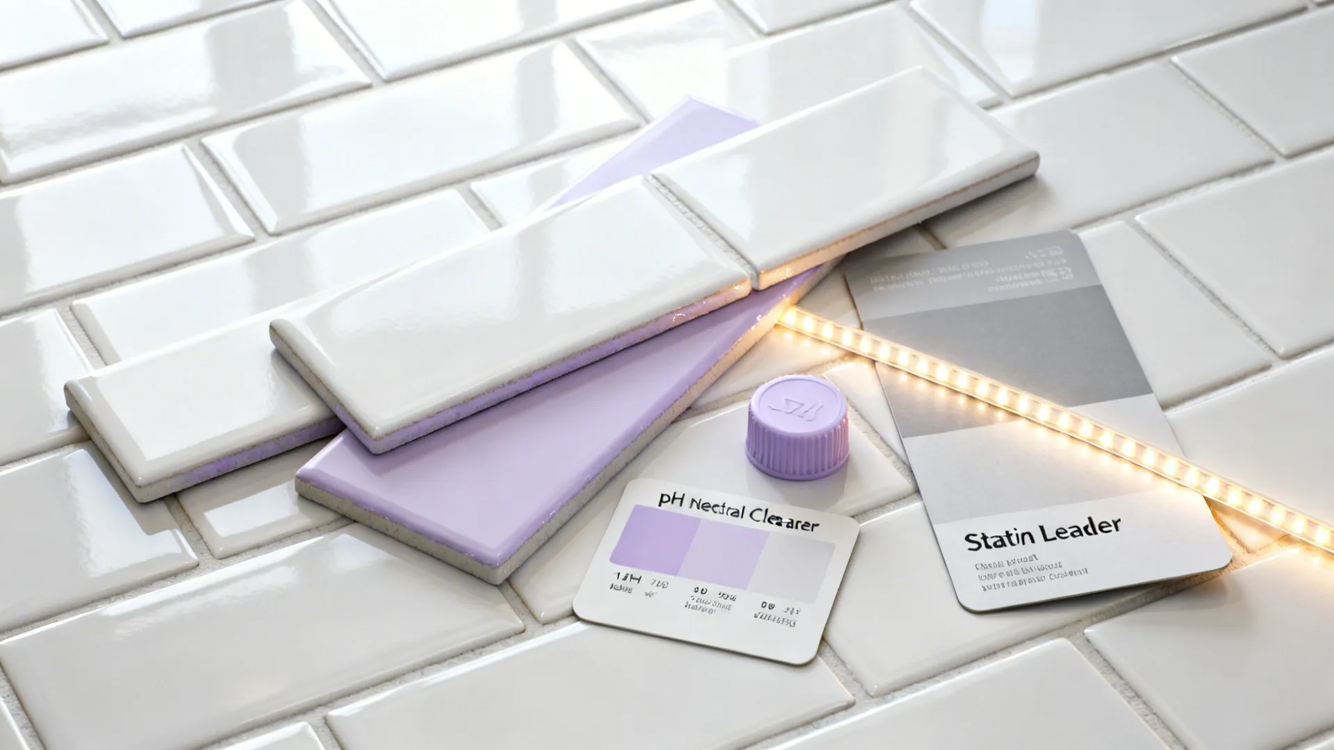 Glossy Subway Backsplash in White with Lilac Grout