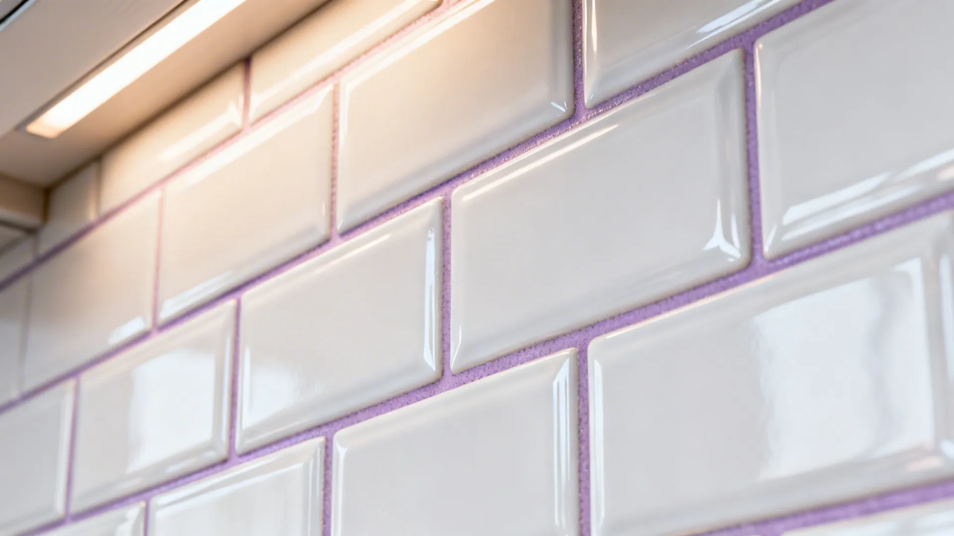 Glossy Subway Backsplash in White with Lilac Grout