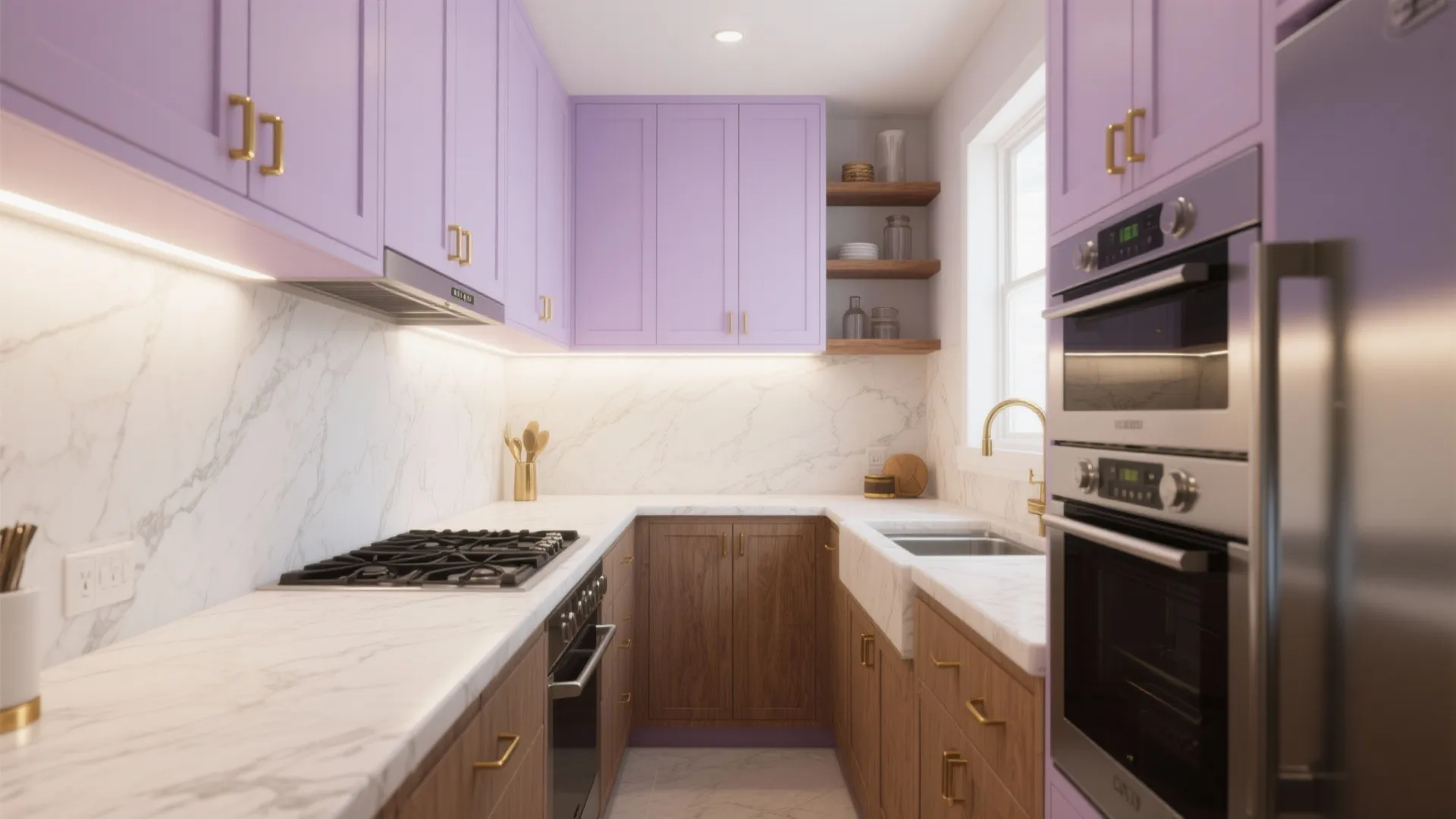Modern kitchen with purple upper cabinets, wooden lower cabinets, white marble countertops, and gold handles