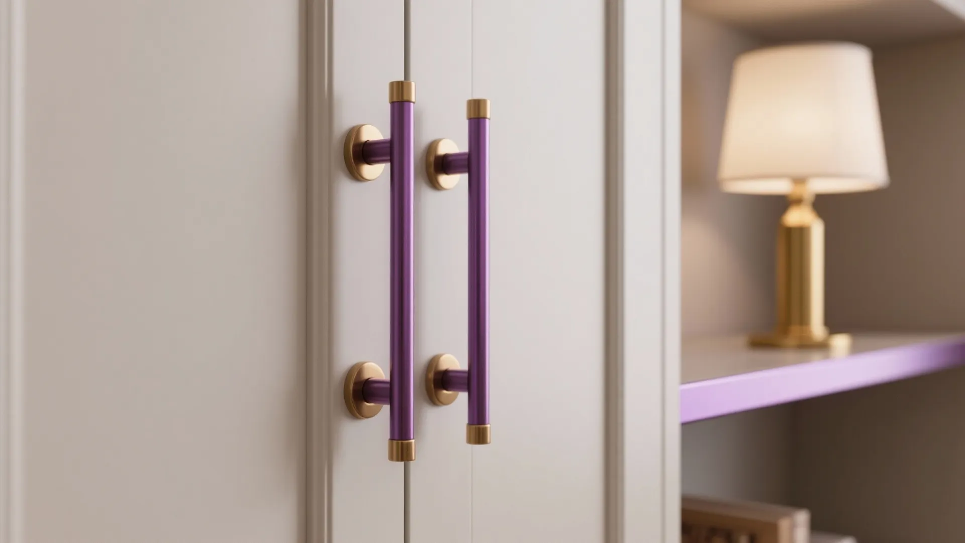 Metallic Lilac Details: Handles, Lamps, and Trim