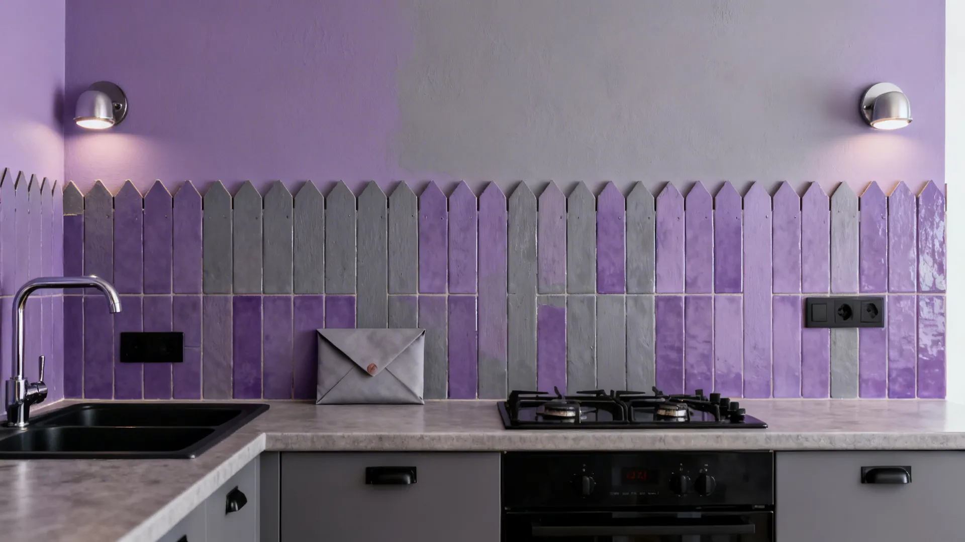 Monochrome Lilac Walls + Purple-Gray Backsplash (soft envelope)
