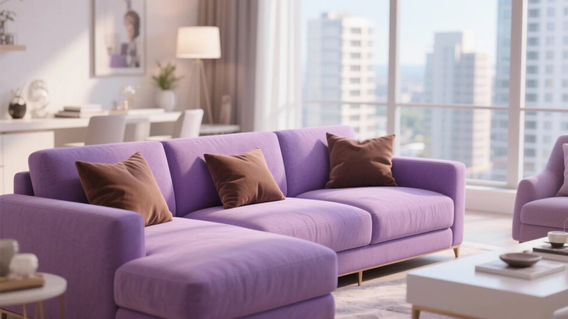10. Lilac Sofa with Chocolate Accent Pillows
