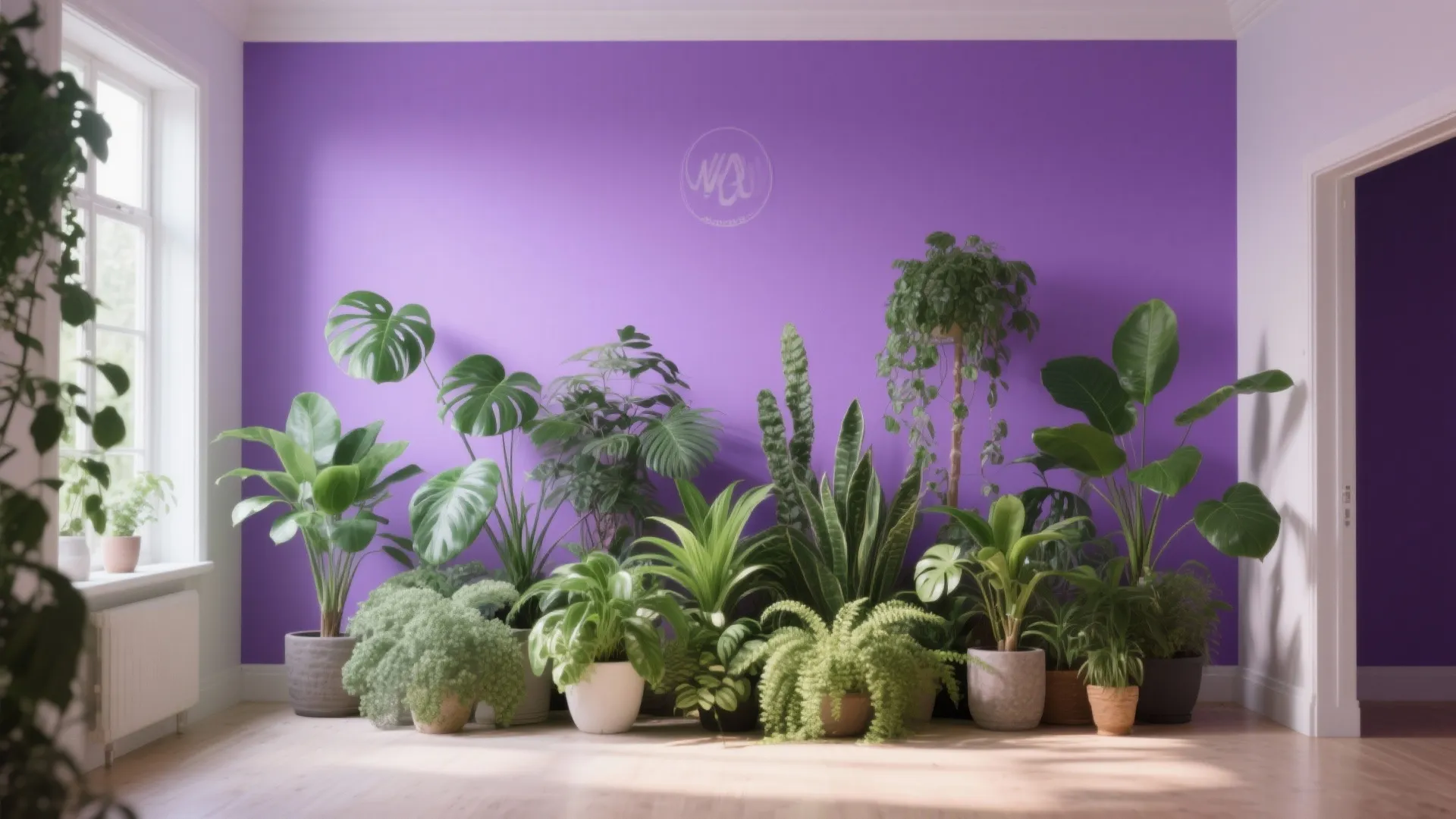 Variety of green potted plants arranged on wooden floor against a solid purple wall background