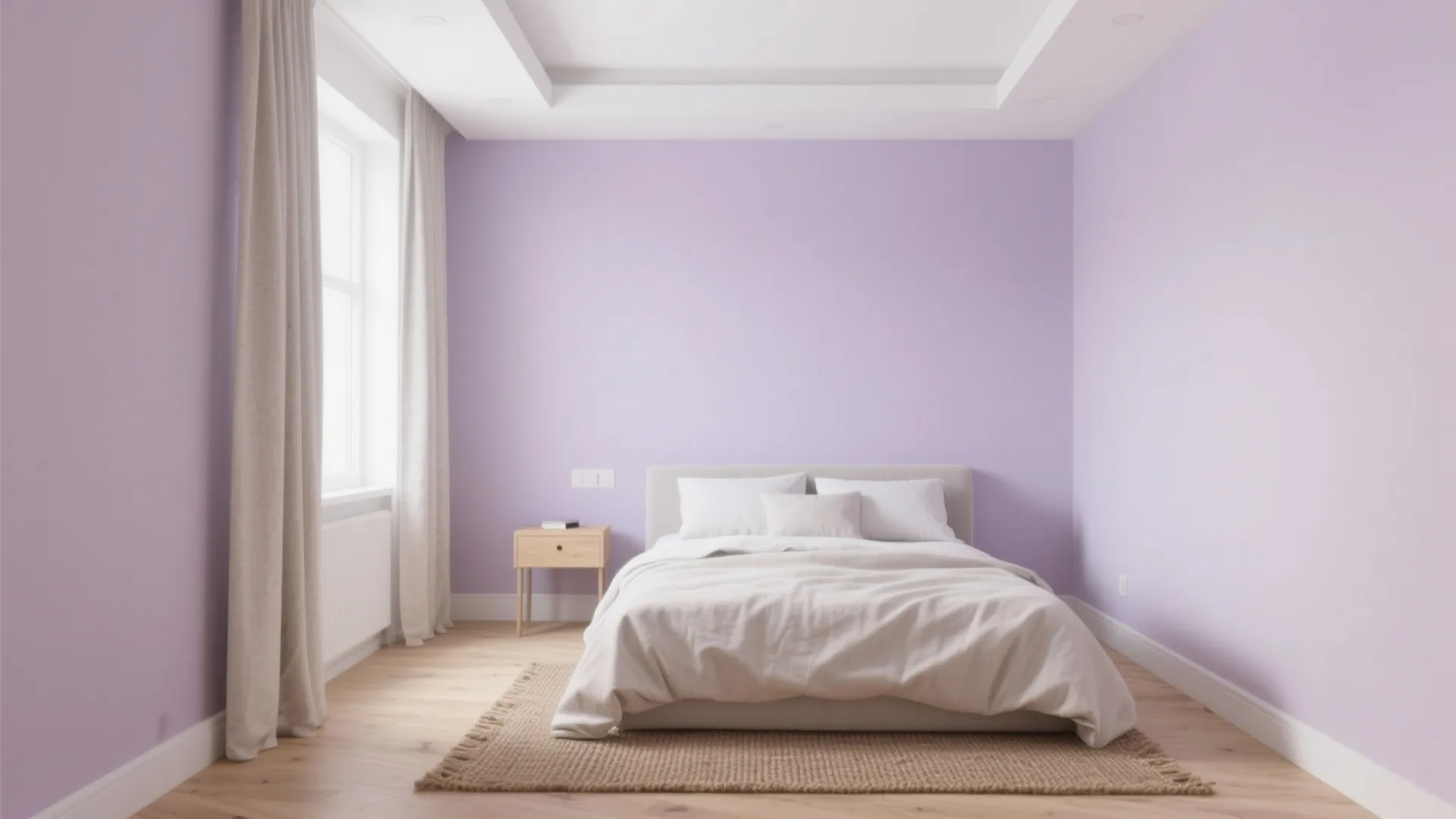 Minimalist bedroom with lilac walls including a white bed and wooden floor with light curtains