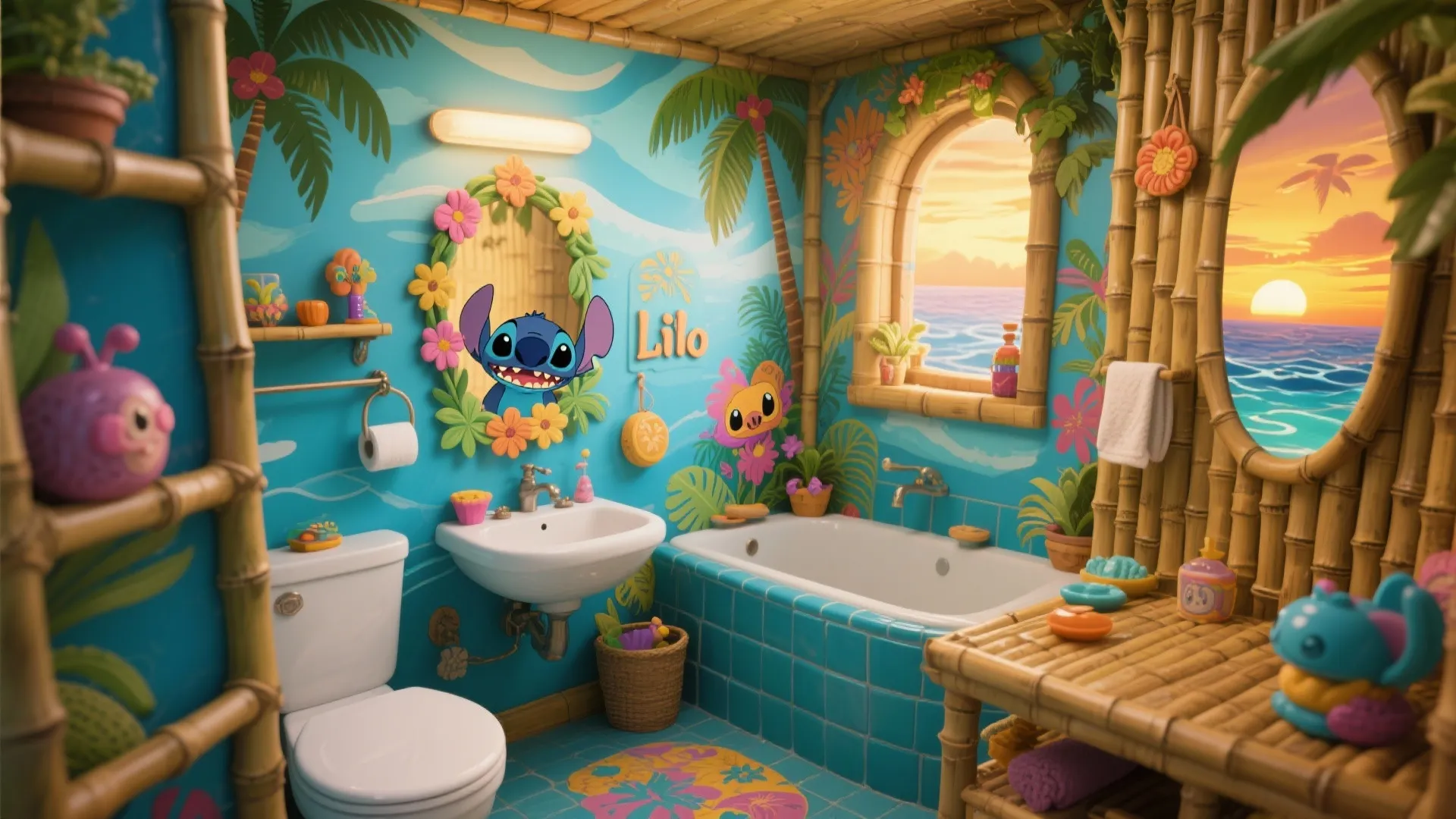 Colorful themed bathroom with blue tropical wallpaper bamboo accents white toilet sink and tiled bathtub