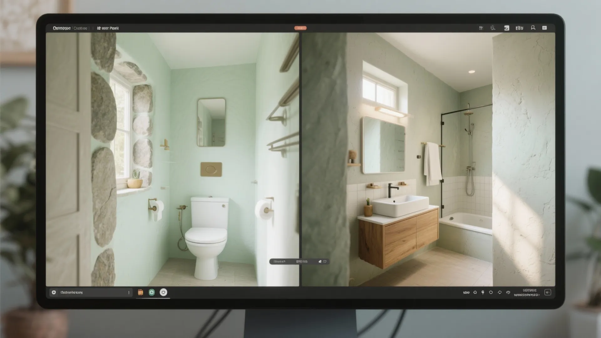 Before and after comparison of a bathroom renovation showing green walls versus a modern vanity